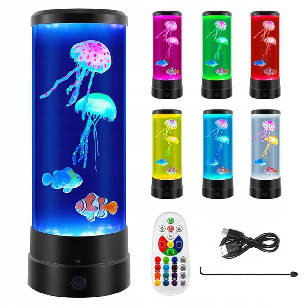AKKEE LED Dekolicht Jellyfish Lampe Aquarium 2Fische + 2Quallen Dekoleuchte 17 Farben, Farbwechsel, 17 Farben, Nachttischlampe Simulation Quallen Licht, Mit Fernsteuerung USB