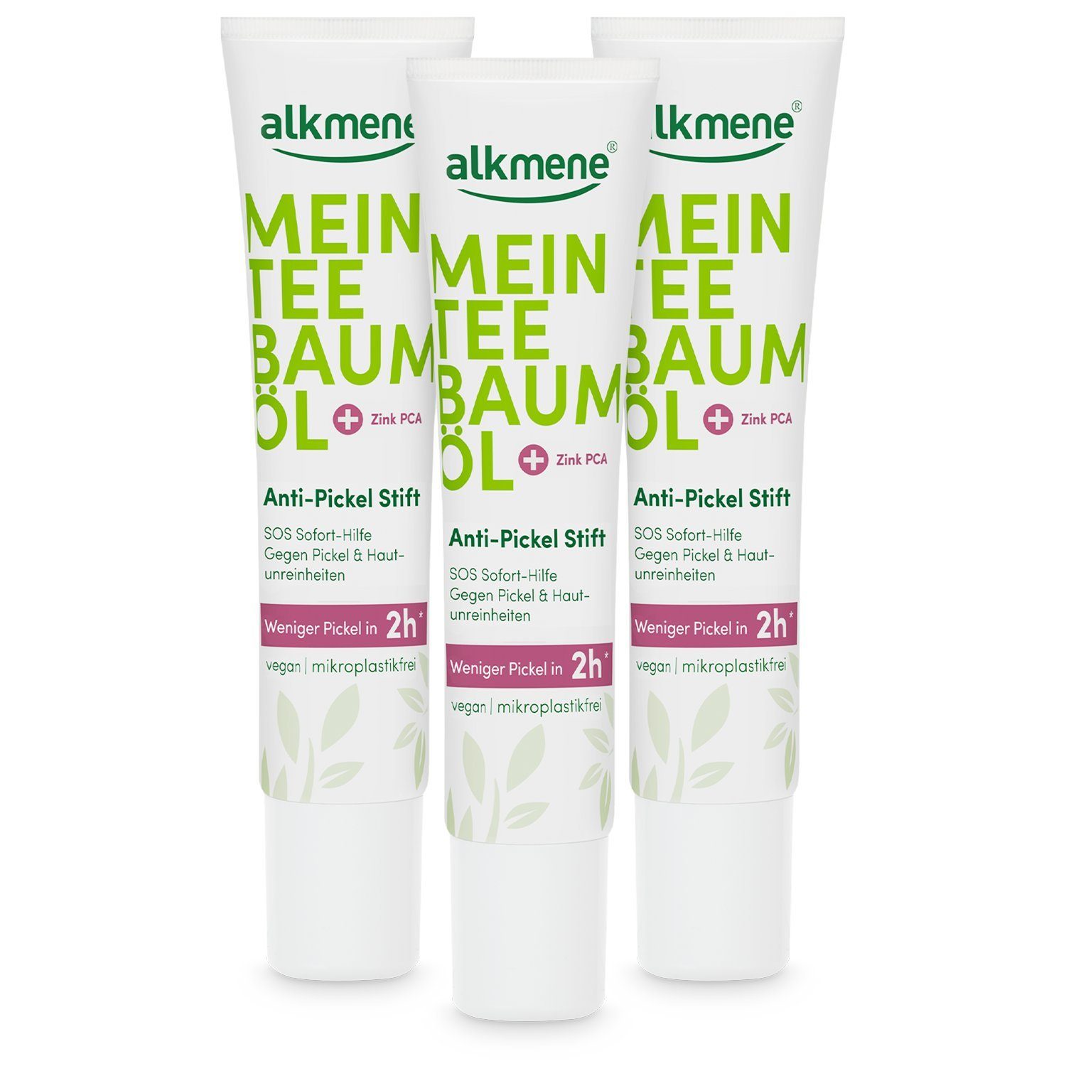 alkmene Pflegestift 3x Teebaumöl Anti Pickel Stift weniger Pickel in 2h, Pickelstift vegan, 3-tlg.