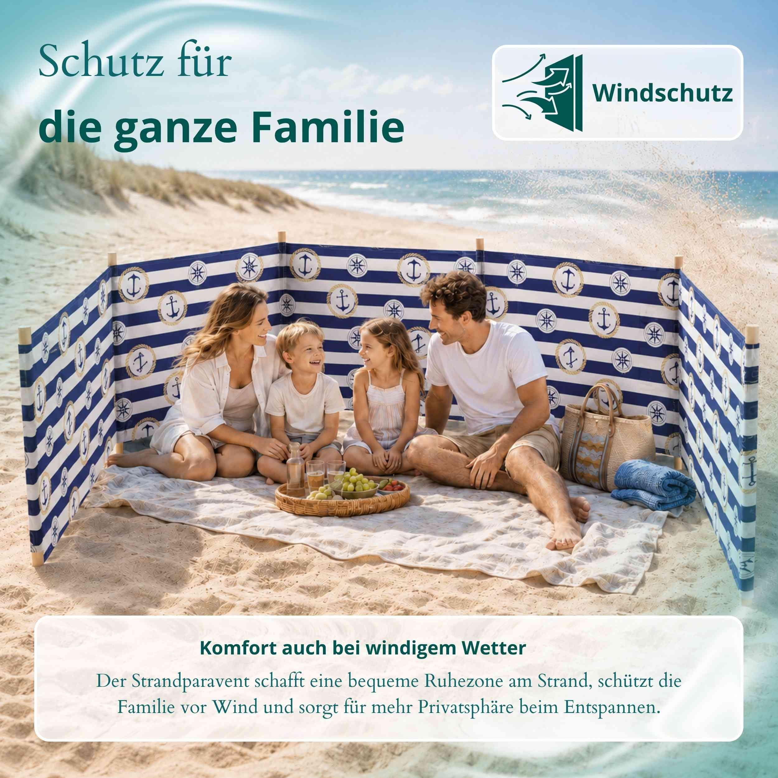 Lantigo Windschutz Sichtschutz Sonnenschutz Strandparavent aus Mikrofaser – portabel, (Anker im Kreis, Länge: 4 m), - Faltbarer Sonnenschutz für Strand, Camping – Bild 4 von 5