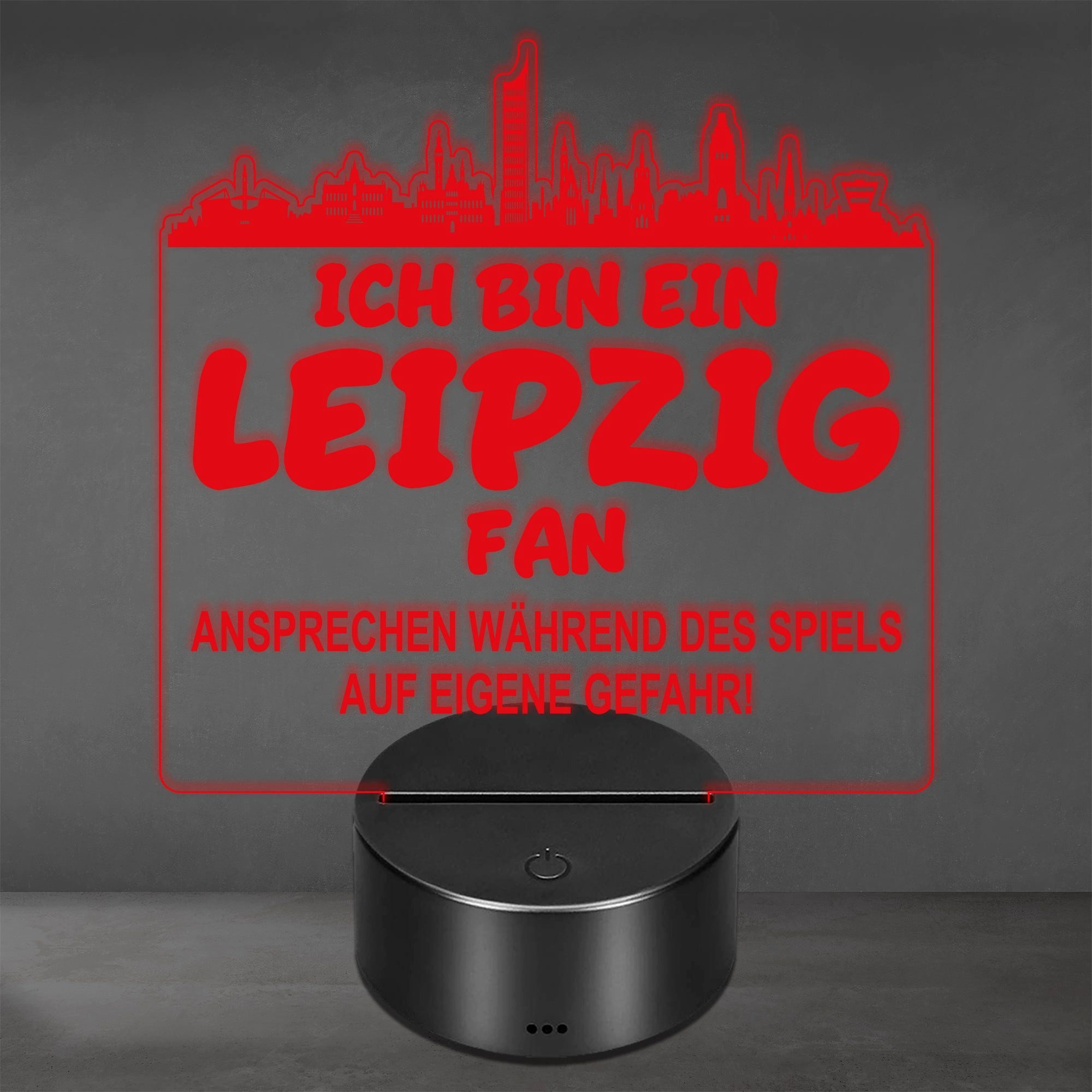 Lieblingsmensch LED Nachtlicht Fußball - Ich bin ein Leipzig Fan - Ansprechen auf eigene Gefahr, LED fest integriert, Farbwechsel oder feste Farbe mit Fernbedienung & Touch, Man Cave Stimmungslicht – 19x23cm
