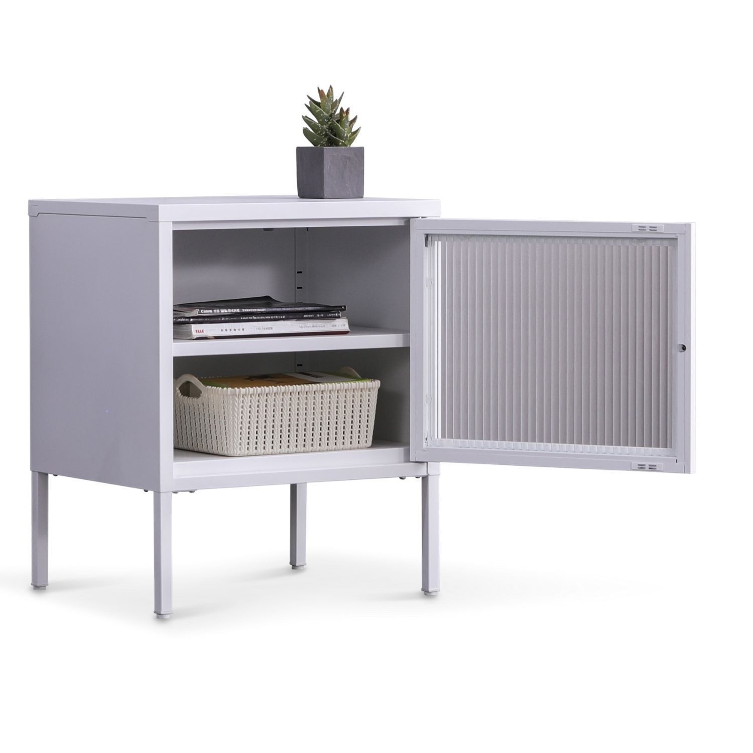 Coemo Sideboard TOKIO, Weiß Nachttisch aus Metall mit Glastüre / langlebige Stahl-Ausführung