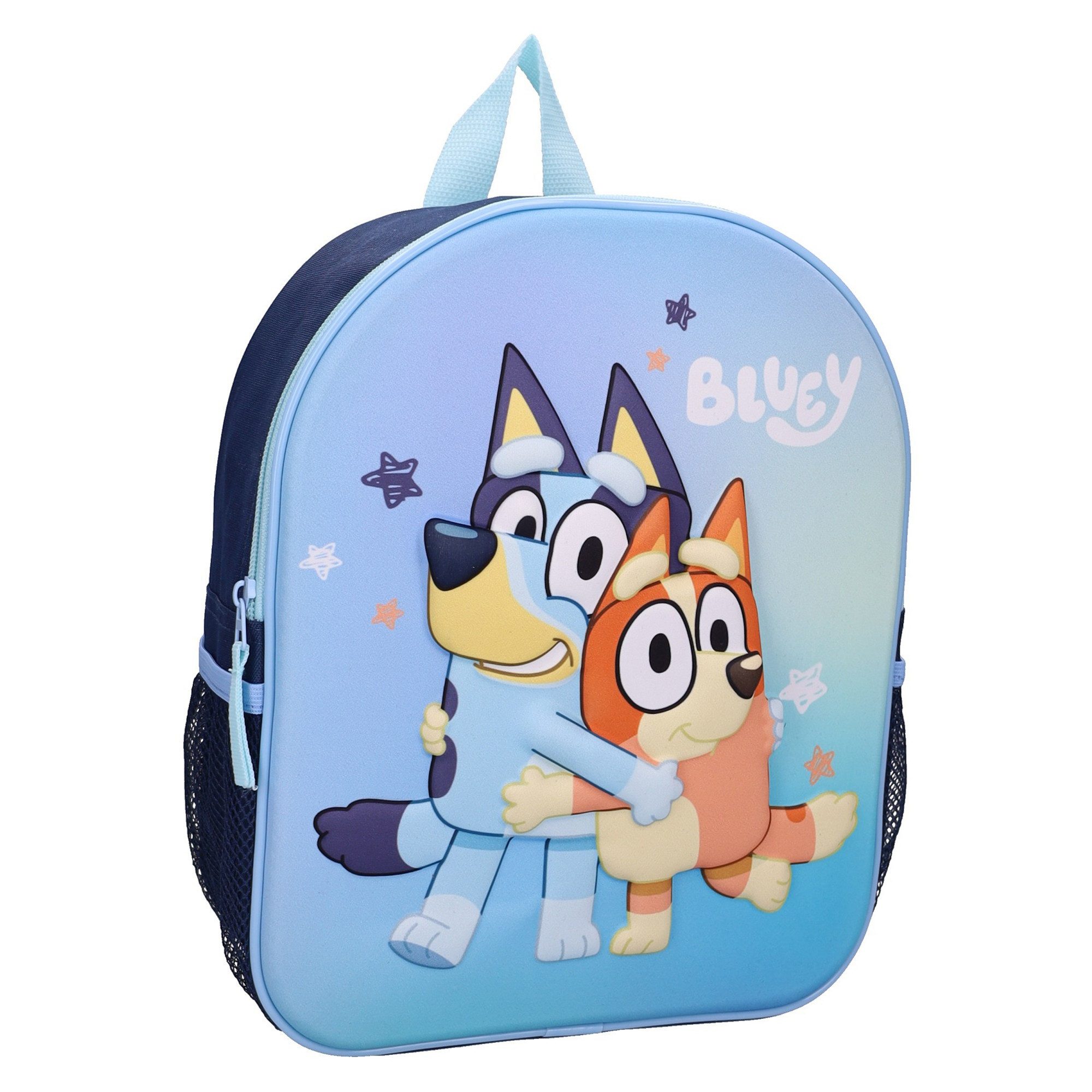 Bluey Kinderrucksack Smooch Kiss 3D mit 9,2 Liter Volumen und Trinkflaschenfächern (Packung)