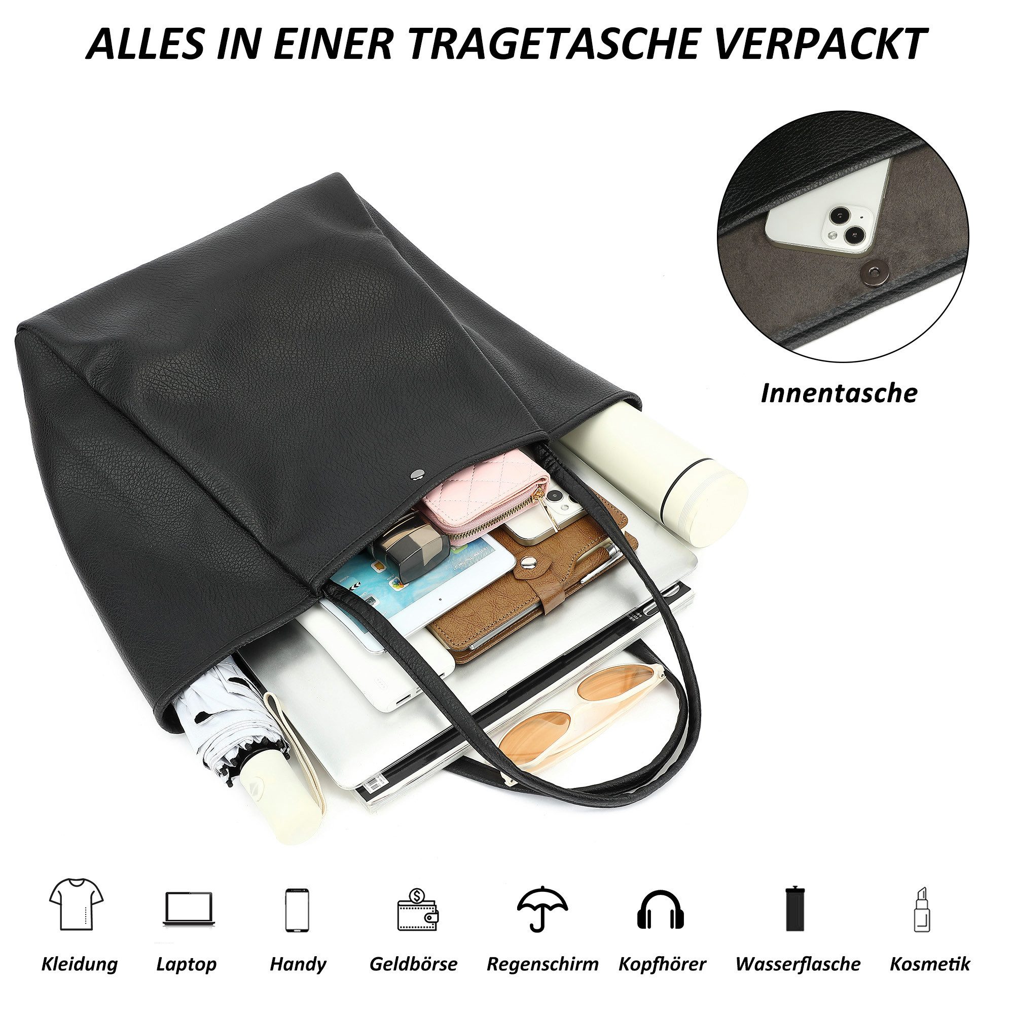 TAN.TOMI Schultertasche Damen Magnetverschluss Umhängetasche PU Leder Tote Shopper Bag, Mit Innentaschen und dekorative Anhänger für Arbeit, Schule, Einkauf