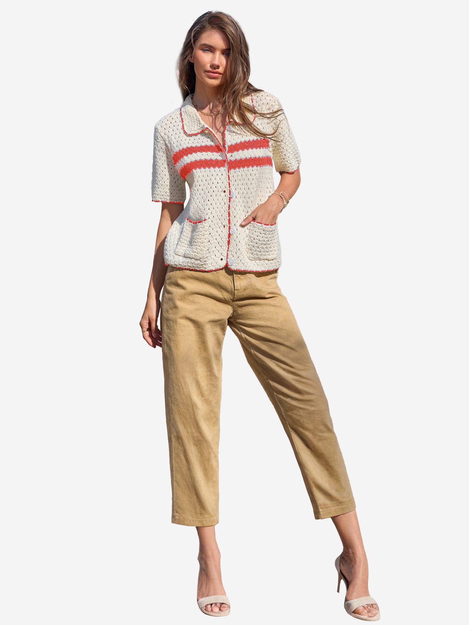 Imily Bela Cardigan Damen Kurzarm mit Lochmuster Polokragen und Kontraststreifen Sommer (Packung, 1-tlg., 1per-Pack) gehäkelt mit Spitze
