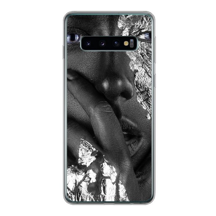MuchoWow Handyhülle Weiblich - Silber - Schwarz - Blau Phone Case Handyhülle Samsung Galaxy S10 Silikon Schutzhülle