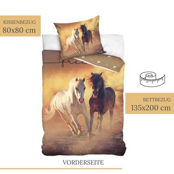 Bettwäsche Pferde 135x200 + 80x80 cm, 100 % Baumwolle, MTOnlinehandel, Renforcé, 2 teilig