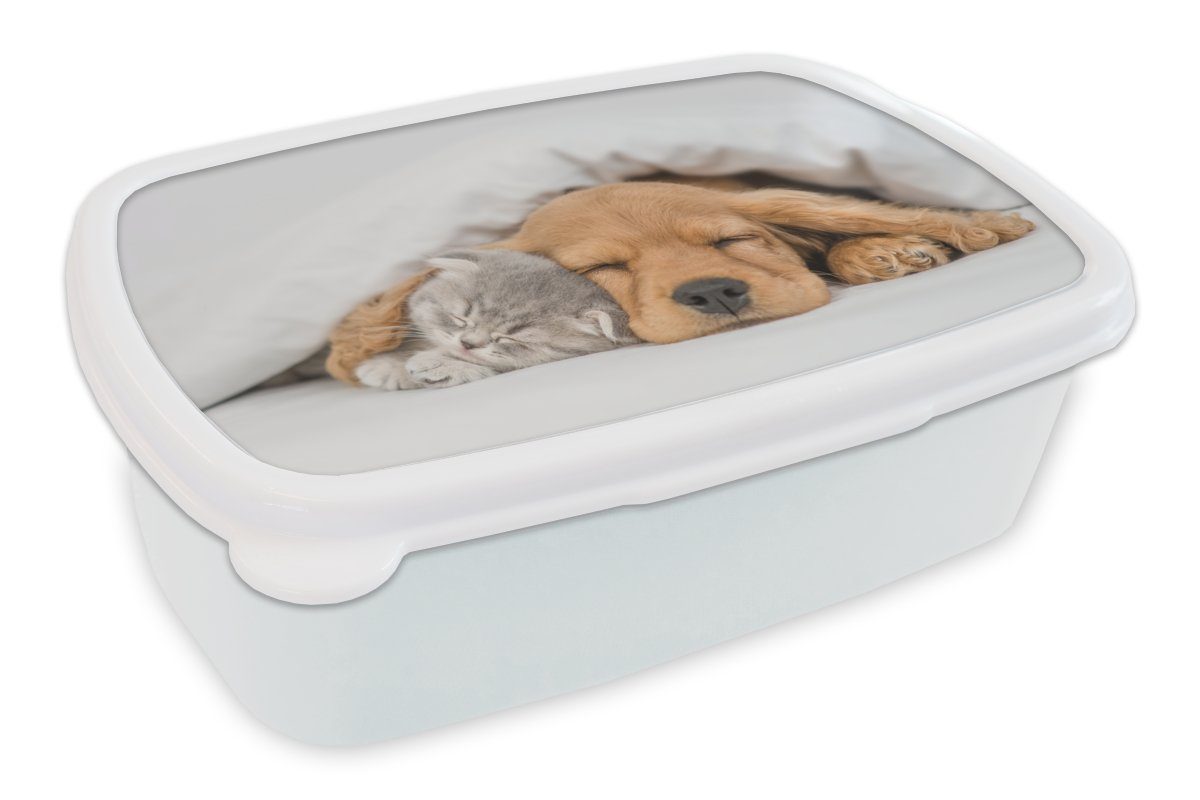 MuchoWow Lunchbox Haustiere - Hund - Katze - Decke, Kunststoff, (2-tlg), Brotbox für Kinder und Erwachsene, Brotdose, für Jungs und Mädchen weiß