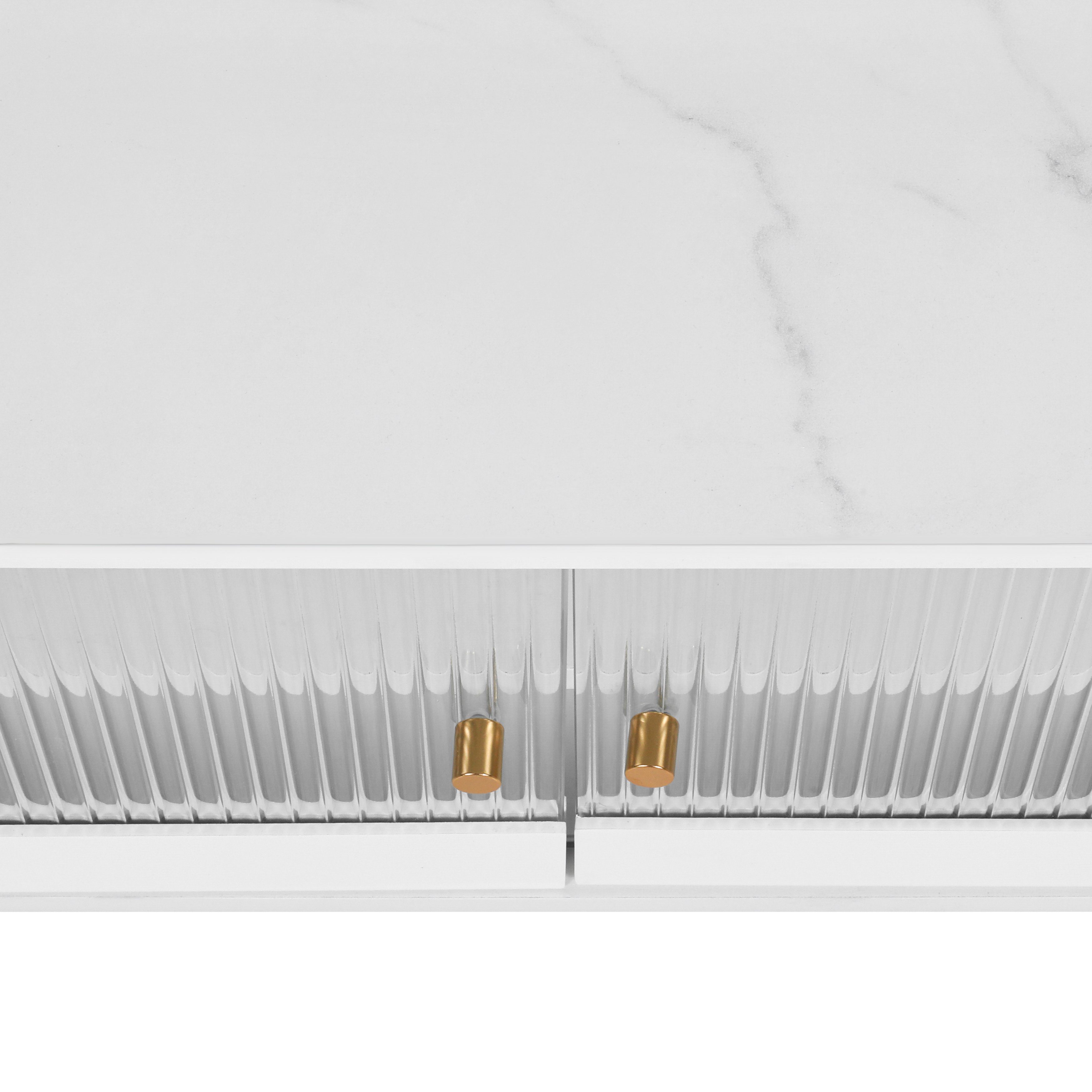 Lowboard (TV Schrank mit 4 Türen und 2 Regal), Hochglanz Tischplatte in Marmoroptik und schöne Glastür, Breite 150 cm