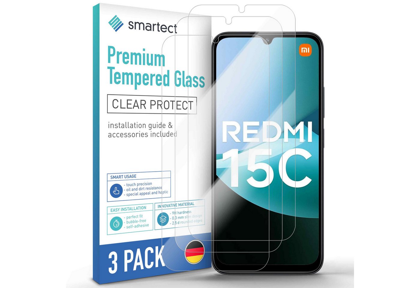 smartect Displayschutzglas 3X Schutzglas Panzerfolie Klar für Xiaomi Redmi 15C 5G / 4G für Xiaomi Redmi 15C 5G / 4G, Set, 3 Stück, 0.3 mm Ultra-klar, 9H Härte, Kratzfest, Stoßfest, Blasenfrei, Oleophob