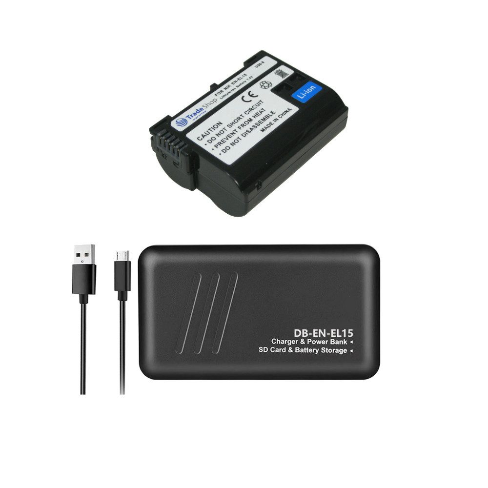 Trade-Shop Dual Ladegerät Powerbank für Nikon D7500, D8000, D500, D600 mit Kamera-Akku Li-Ion, Anschluss über Micro-USB, USB-C oder USB-A / mit Speicherkarten-Slot