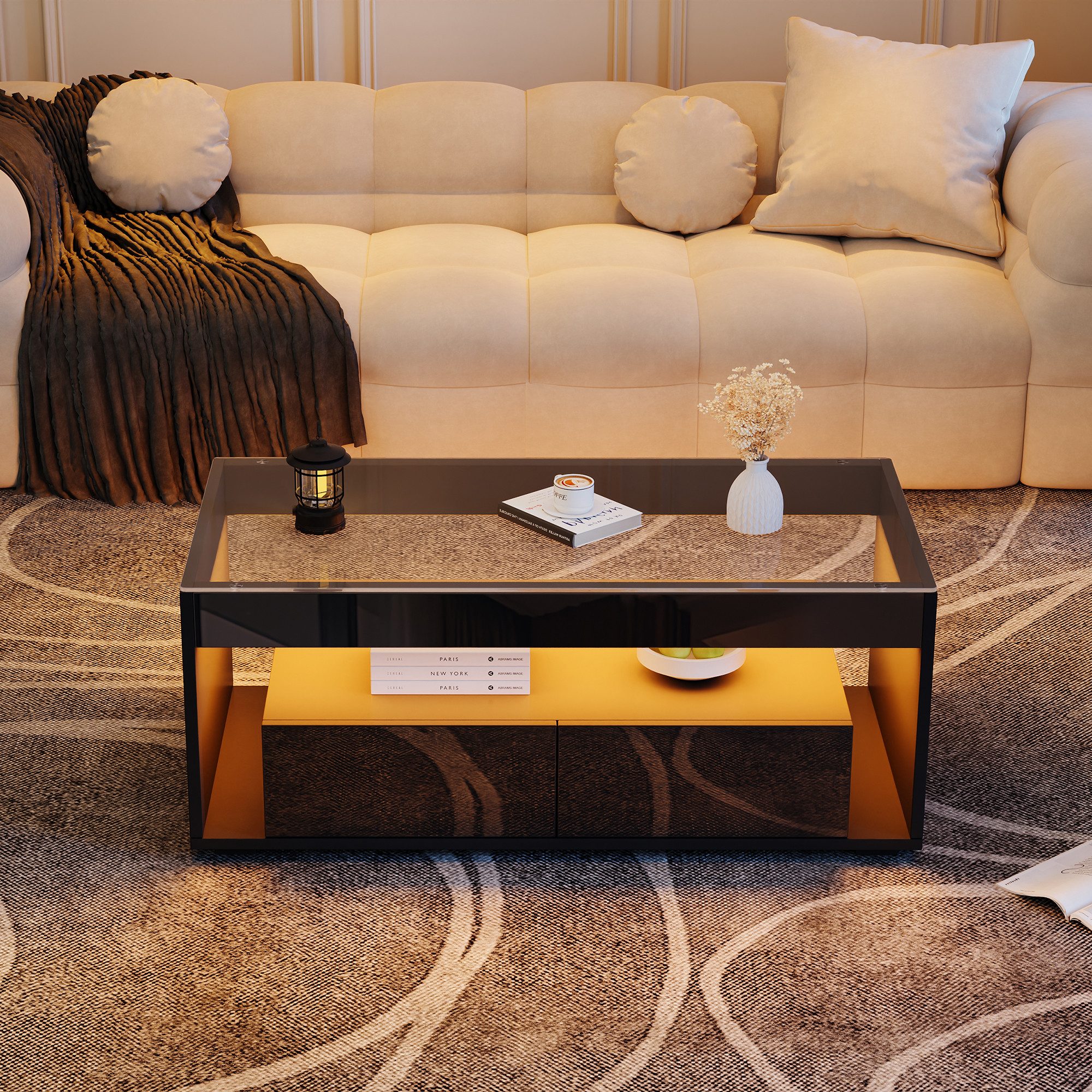 MODFU Couchtisch LED-Wohnzimmertisch Moderner Kaffeetisch (Sofatisch Beistelltisch moderner Design-Tisch, 1-St., 2 großen Schubladen), 100 × 50 × 40 cm, doppelschichtiges Design