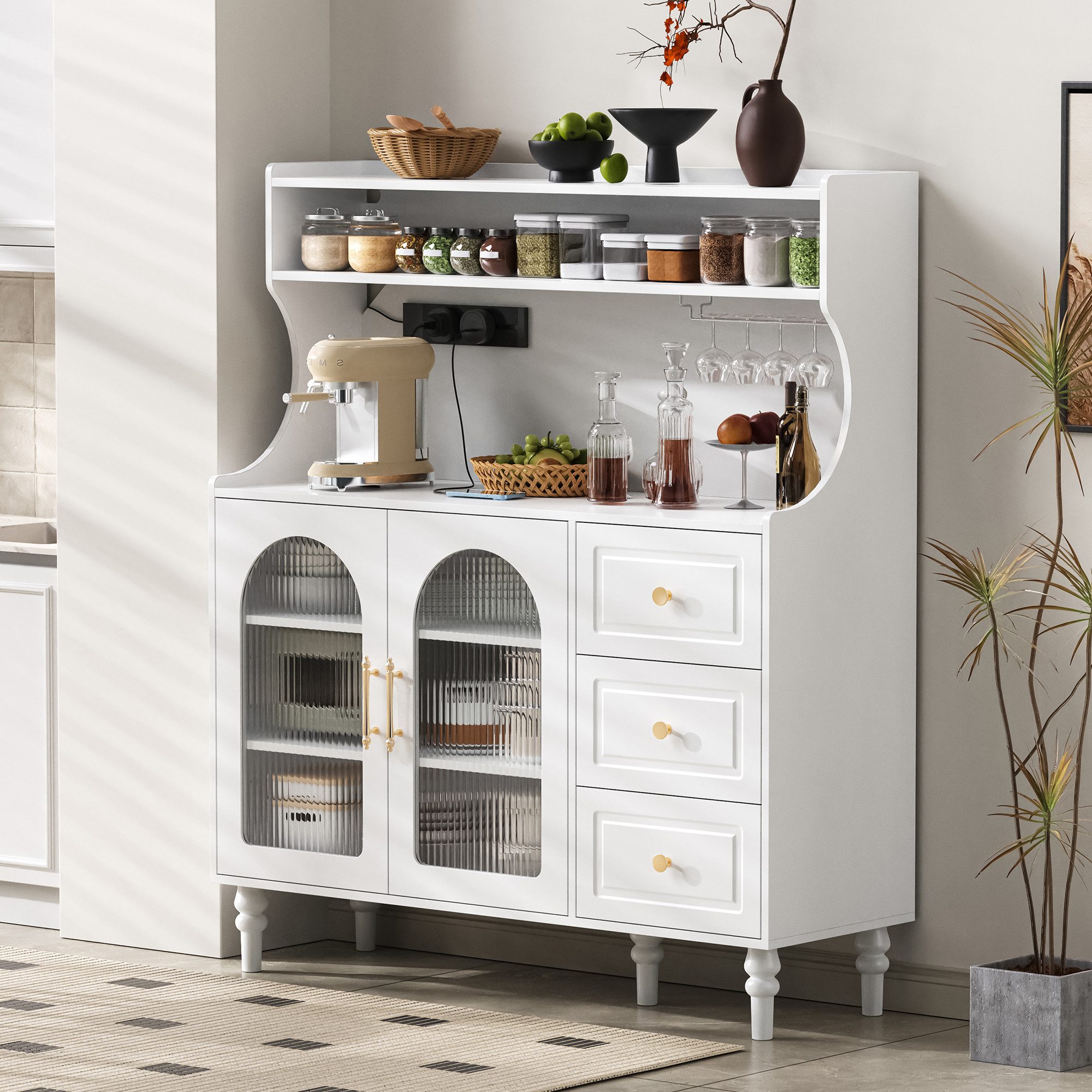 Fine Life Pro Buffetaufsatz Weißer Luxus-Hochschrank mit Riffelglas & integrierter Ladestation