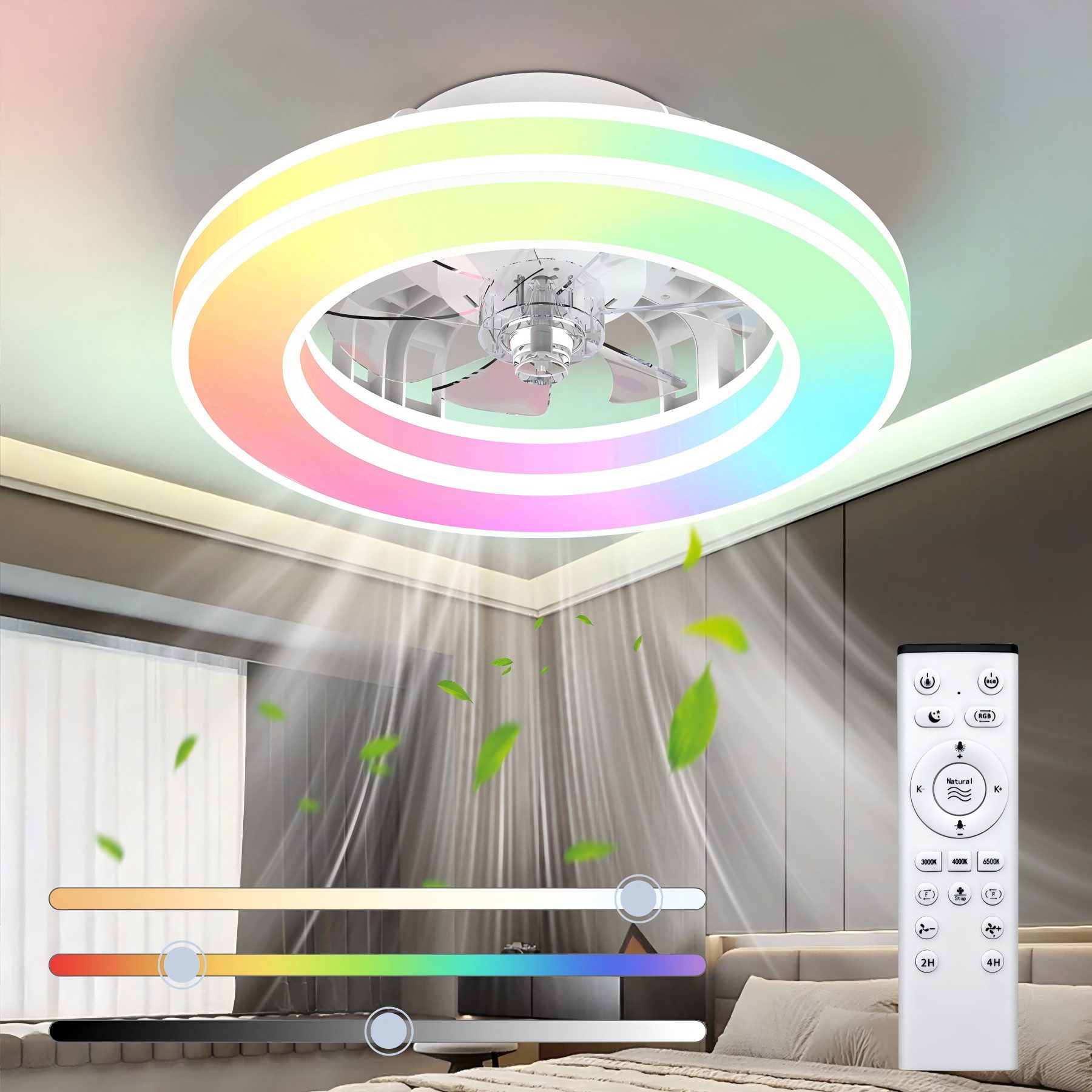 ATEROLL Deckenventilator 6 Geschwindigkeiten,3CCT+RGB,Deckenleuchte,Leise Ventilator, Lampenlüfter mit Speicherfunktion und Timing-Funktion Für Zimmer