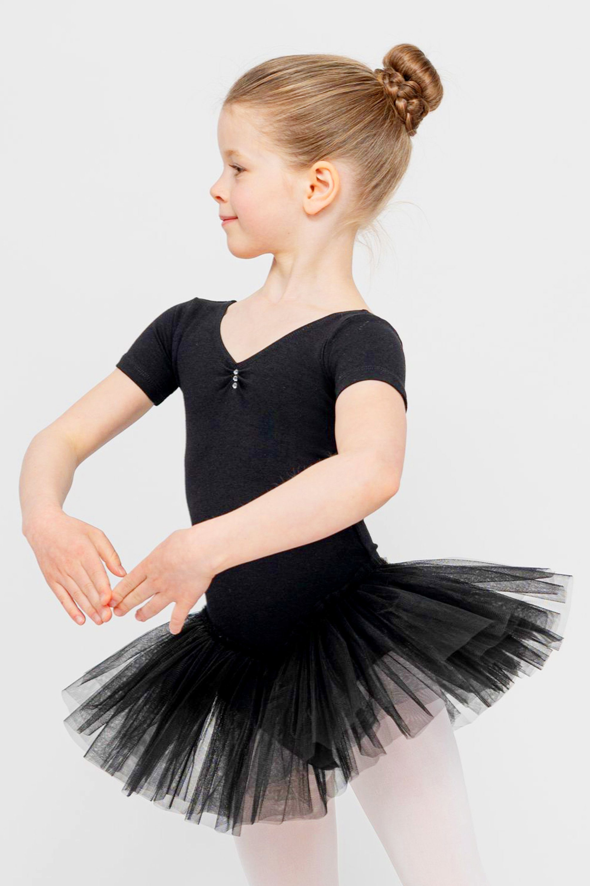 tanzmuster Tüllkleid Ballett Tutu Nele mit Glitzersteinen Kurzarm Ballettkleid aus weicher Baumwolle mit Tüllrock für Mädchen schwarz