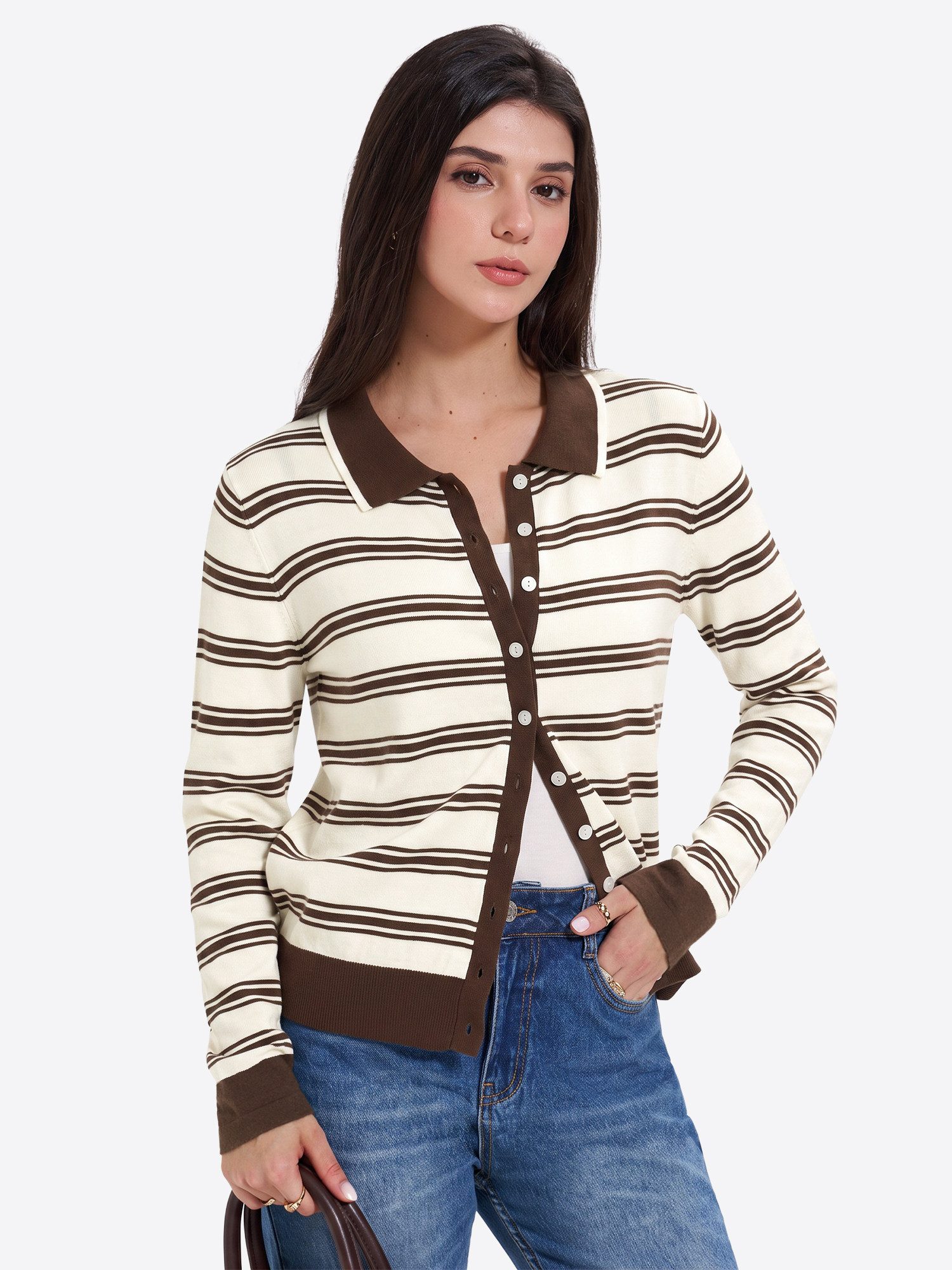 Imily Bela Strickjacke Damen Gestreifter Strickcardigan (Packung, 1-tlg., 1per-Pack) mit Polokragen