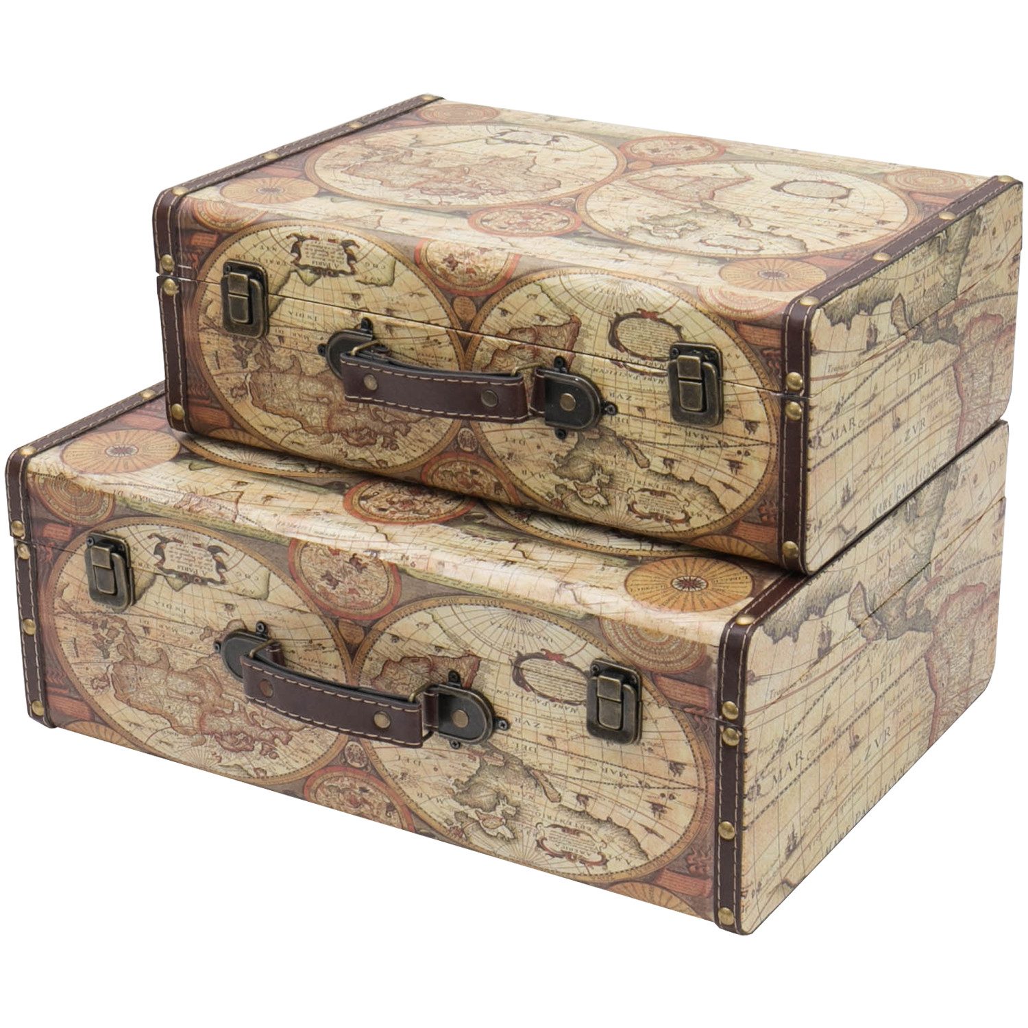 HMF Aufbewahrungsbox Handgefertigter Vintage Koffer aus Holz, Deko Koffer (versch. Größen), Geschenkkoffer im Weltkarten Design