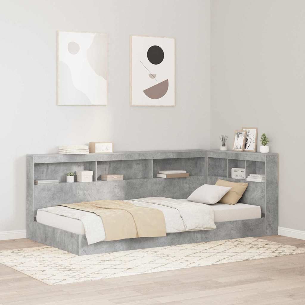 furnicato Bett Bücherregal-75 x 190 cm Beton Grau, L-förmiges Einzelbett mit integriertem Bücherregal für dein Zimmer
