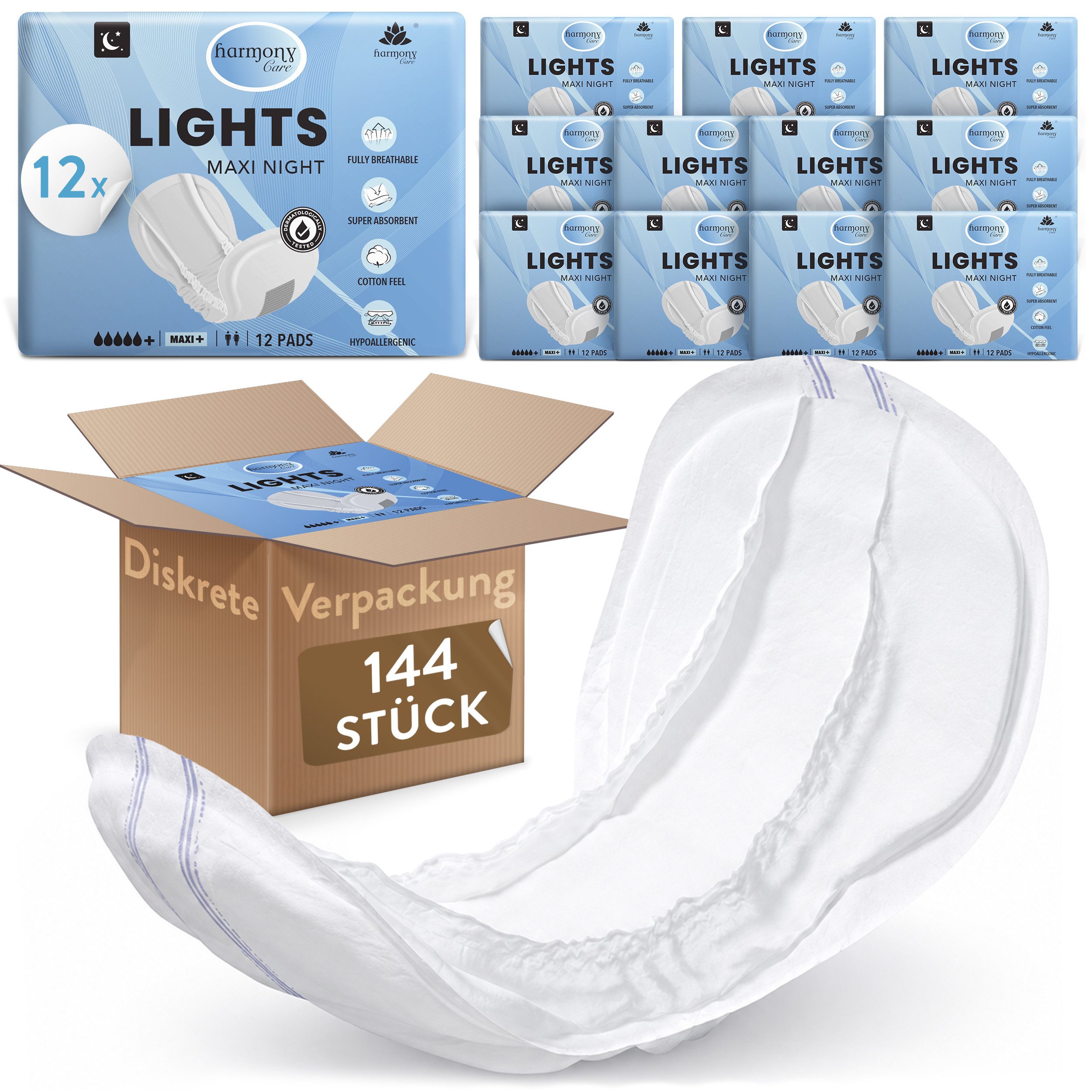 Harmony Care Inkontinenz-Einlage Lights Maxi Night – diskrete Unisex Inkontinenzeinlagen, bei leichter bis mittlerer Blasenschwäche, 144-St., mit Auslaufschutz und Geruchskontrolle