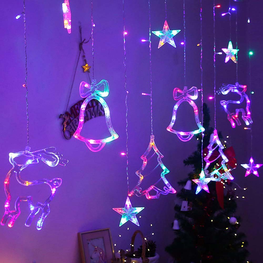 Rosnek LED-Lichtervorhang 3M, Weihnachten Thema, Kupfer, wasserdicht, für Neujahr Fenster, Glocken Bäume Rehe Sterne; Wohnzimmer Garten Deko; batterie Multicolor