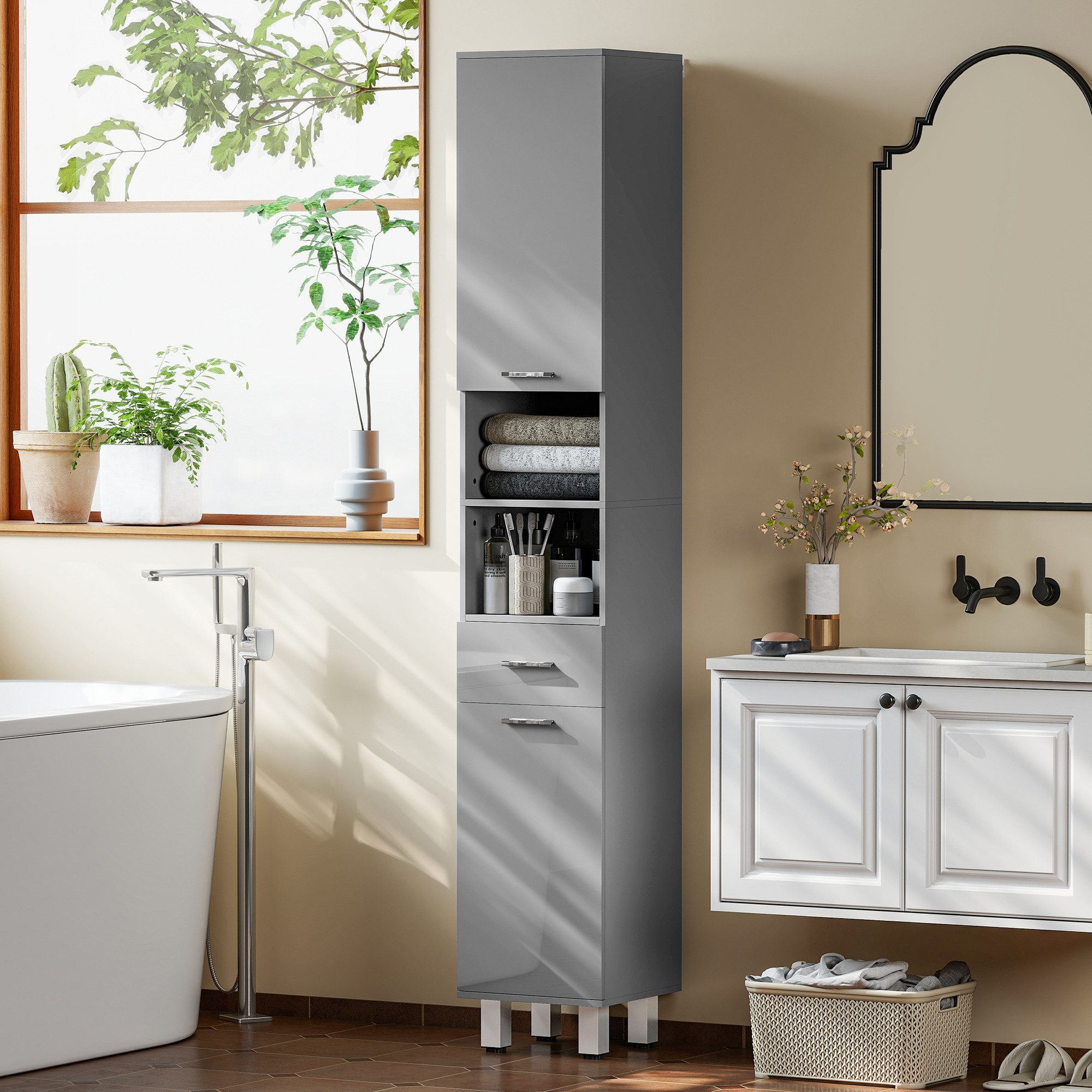 Kleankin Badkommode Badezimmerschrank Hochschrank verstellbare Ablage 2 offene Fächer (Toilettenschrank, 1 St., Badschrank), für kleine Räume Badezimmer 30 x 30 x 180 cm Grau