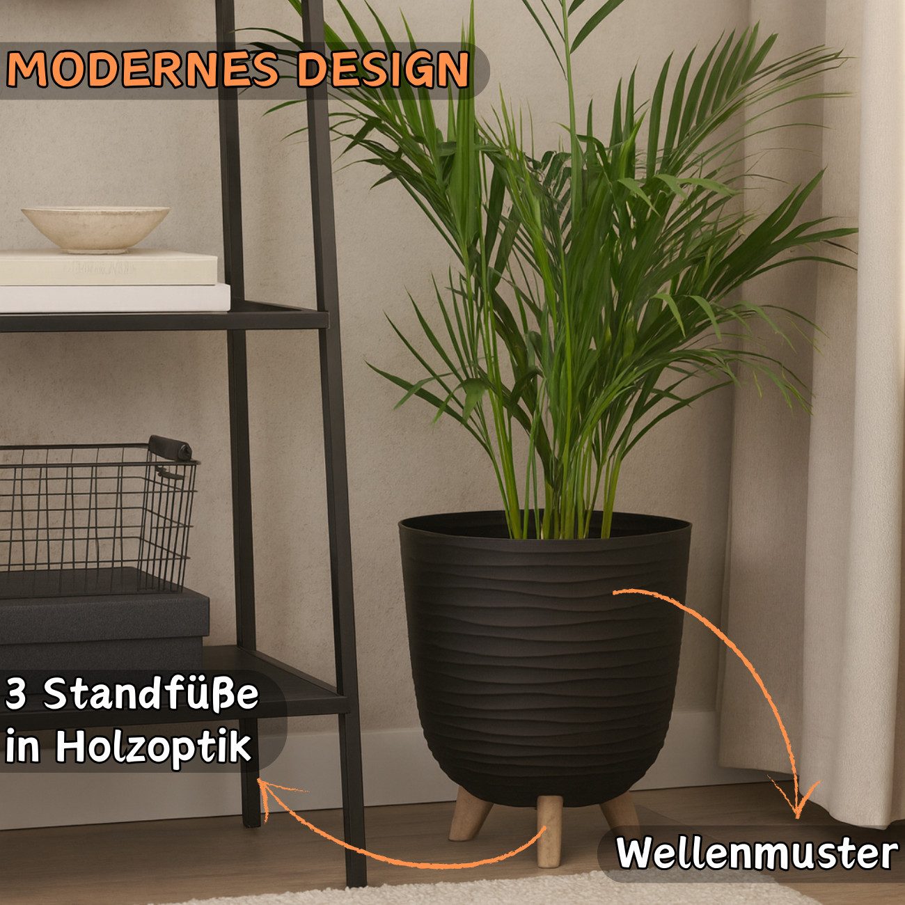 Engelland Blumentopf Pflanztopf mit Füßen (Vorteils-Set, 1 St., robuster PP-Kunststoff), Wellenoptik, rund, UV-resistent, Drainagesystem, direkte Bepflanzung