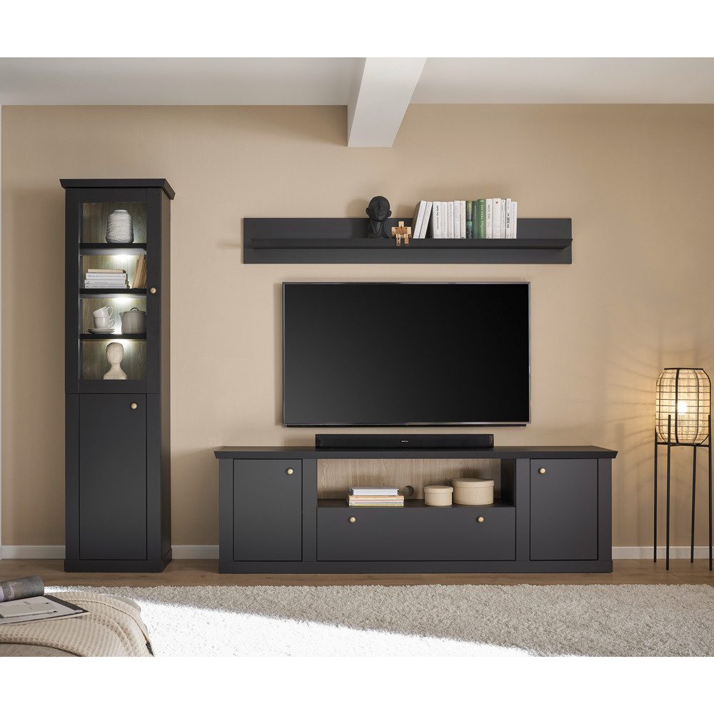 Lomadox Wohnzimmer-Set LORETA-61, (Mega-Spar-Set, 3-St., Vitrine Lowboard Wandboard), inkl. LED Beleuchtung, Schwarz matt, modern, Wohnmöbel