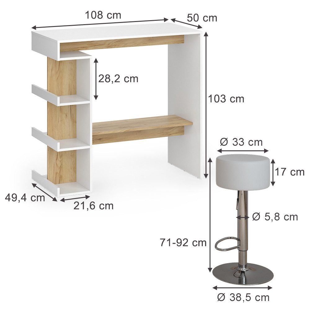 Vicco Bartisch Dana, Weiß/Goldkraft Eiche, 108 x 50 cm mit 2 Barhockern günstig online kaufen