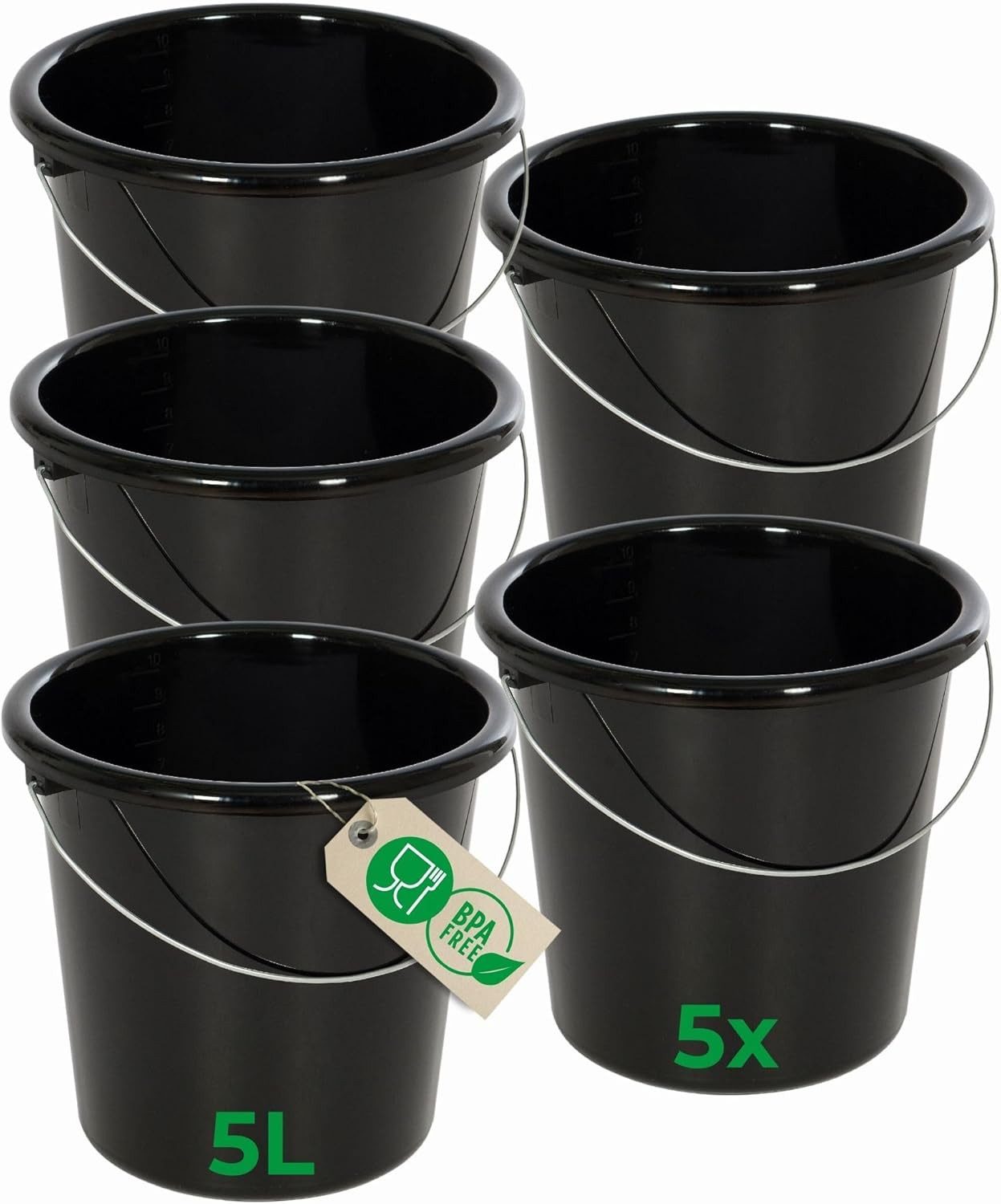 Novaliv Putzeimer 30939-5x, (5-tlg), Novaliv 5 Stück Eimer 5L Schwarz mit Maßeinteilung - Putzeimer 5 Liter