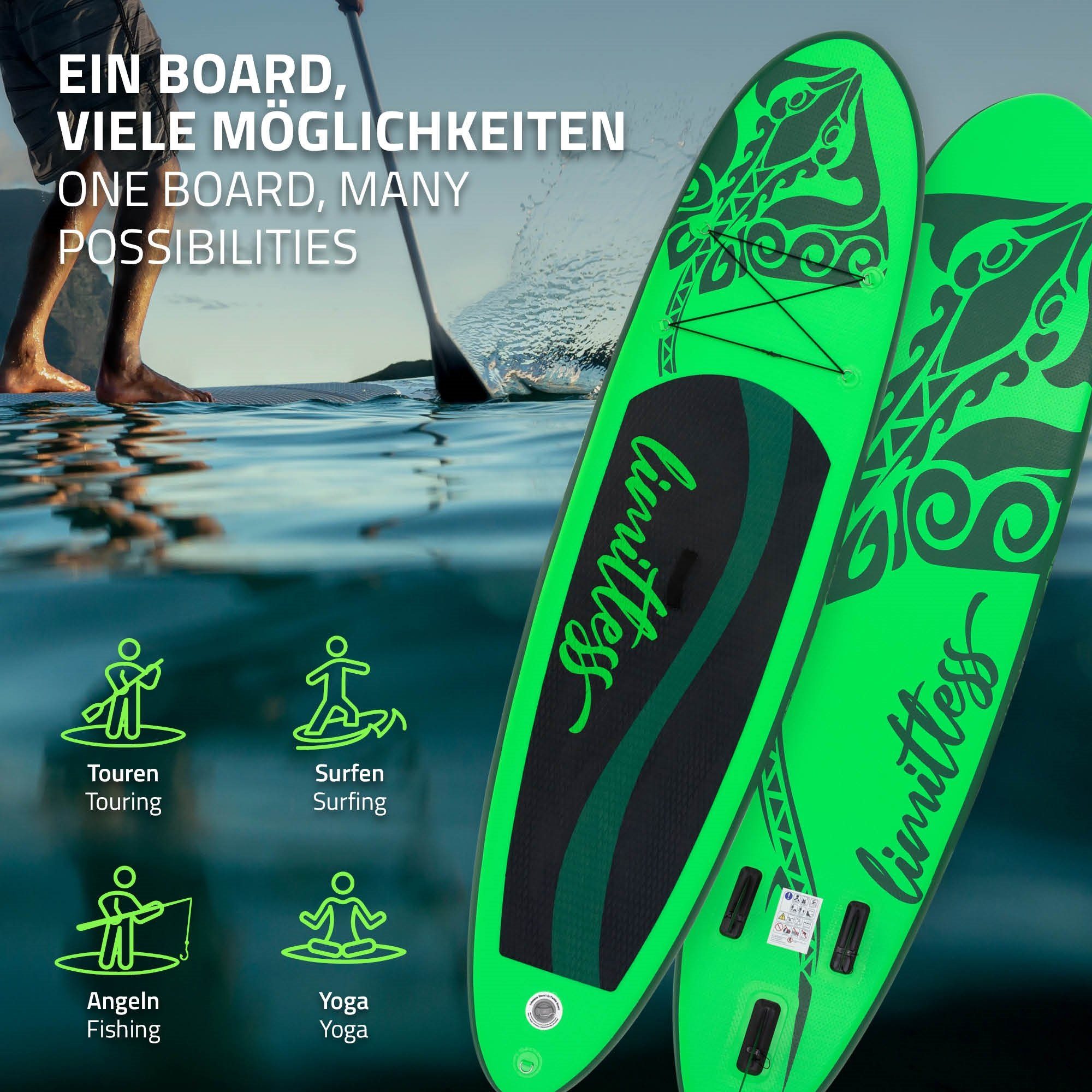 ECD Germany SUP-Board Paddle Pumpe Grün Limitless Up PVC bis Tragetasche Stand Zubehör Aufblasbares Board Surfboard, 120kg 308x76x10cm