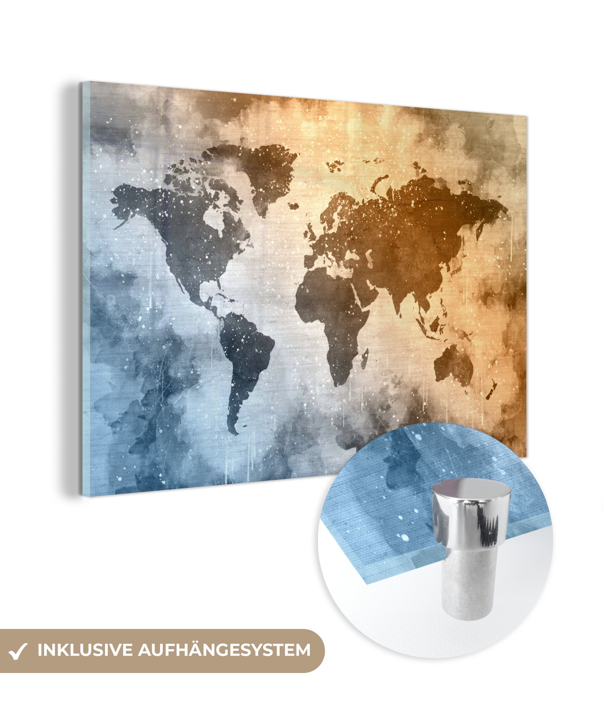MuchoWow Acrylglasbild Weltkarte - Abstrakt - Farben, (1 St), Glasbilder - Bilder auf Glas Wandbild - Foto auf Glas - Wanddekoration