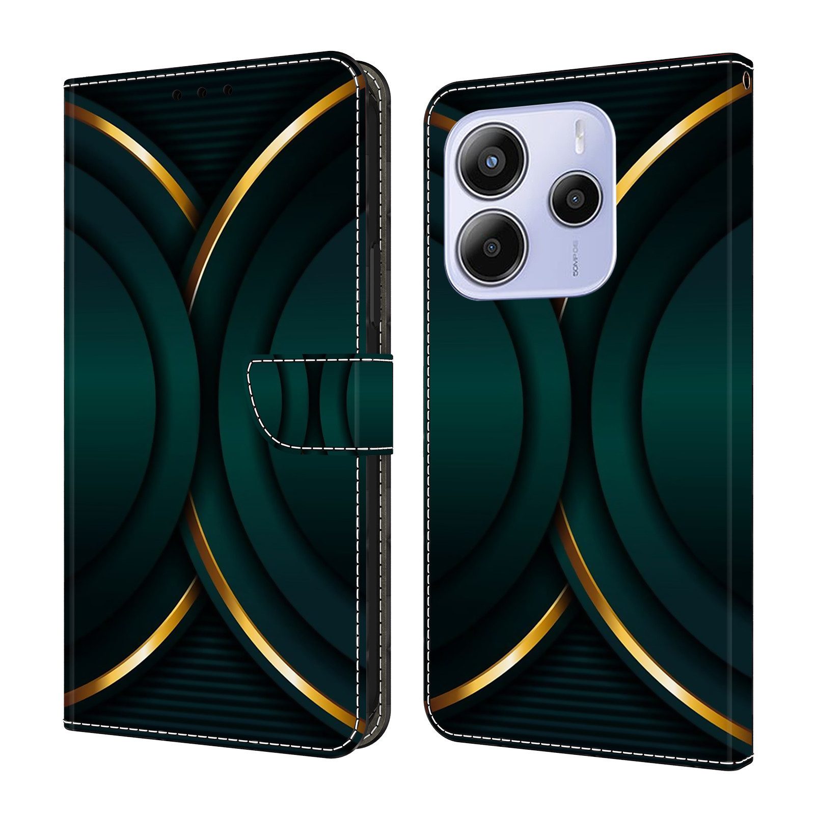CLM-Tech Handytasche für Xiaomi Redmi Note 14 5G Hülle aus PU-Leder Klapphülle (goldener Rand Kontur, Handyhülle mit Standfunktion - Wallet Flip Case inklusive Kartenfächer), Cover mit Magnetverschluss Xiaomi Redmi Note 14 5G Schutzhülle