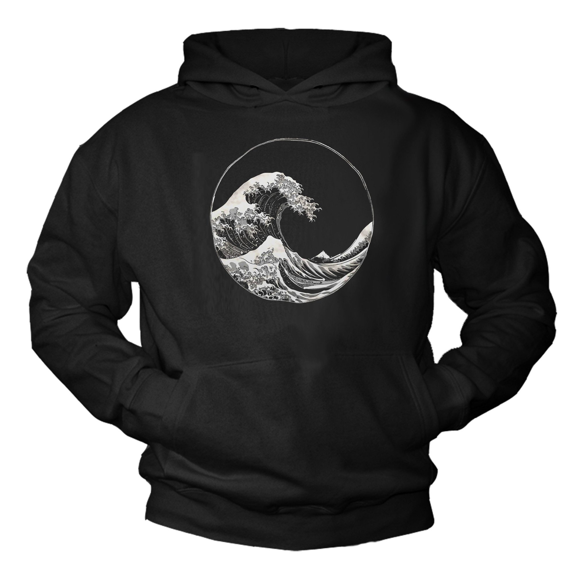 MAKAYA Kapuzenpullover Herren Hoodie mit Wellen Print – Surf Look für Alltag & Urlaub (Schwarz, S, M, L, XL, XXL, XXXL, XXXXL) Baumwolle