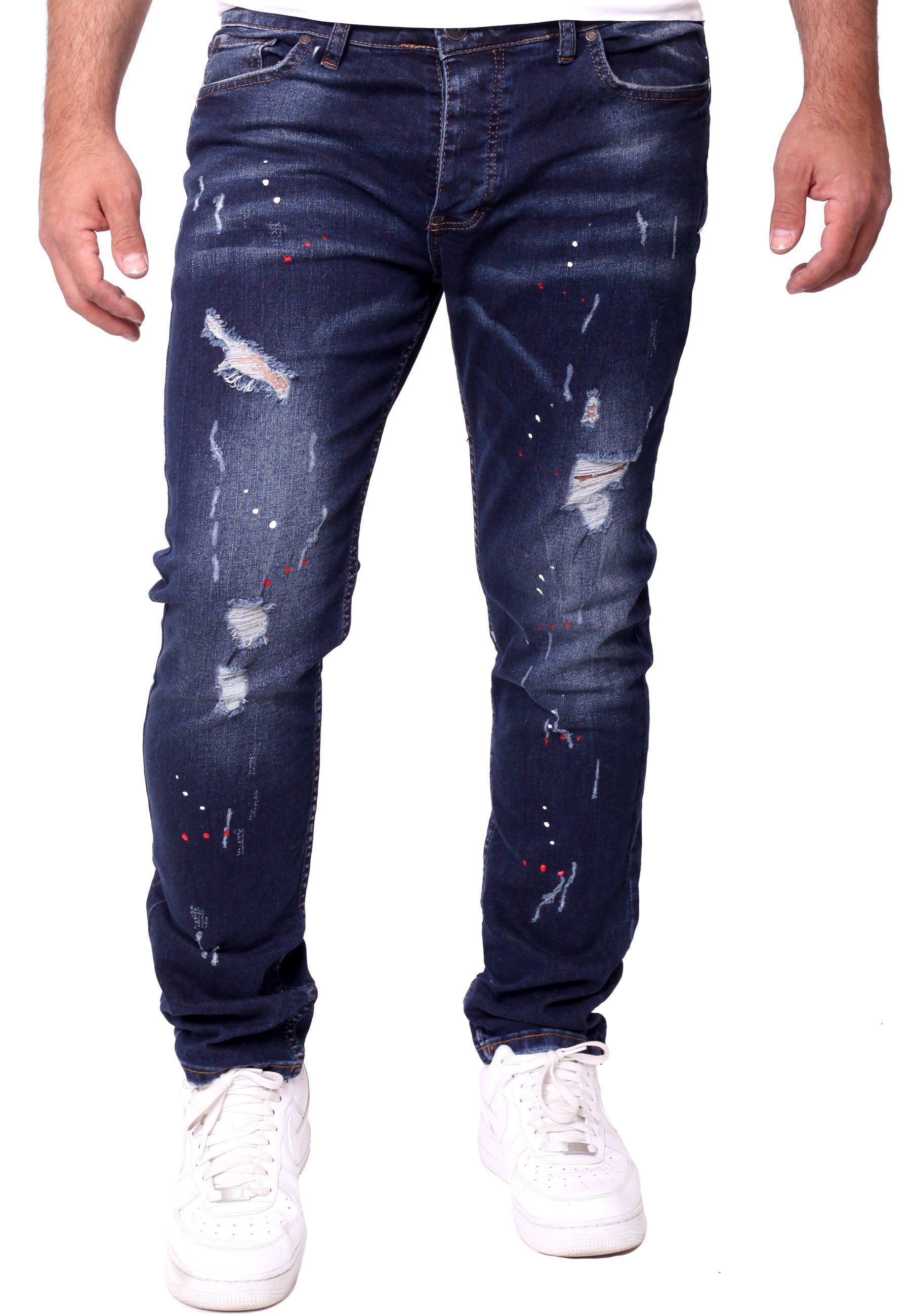 Reslad Destroyed-Jeans Reslad Jeans Herren Color-Splashes Stretch Denim Destroyed Jeanshose Destroyed Jeanshose Männer-Hose Slim Fit dunkelblau