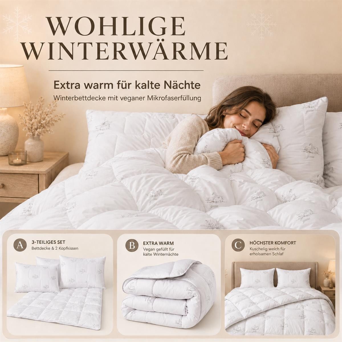 SEI Design Microfaserbettdecke Bettset SWAN winter 135x200 Kissen 80x80 40x80 Mikrofaser vegan, Füllung: daunenähnliches Gefühl, Bett-Set 3-Tlg.: Bettdecke 135x200 + Kopfkissen 40x80 + Kissen 80x80