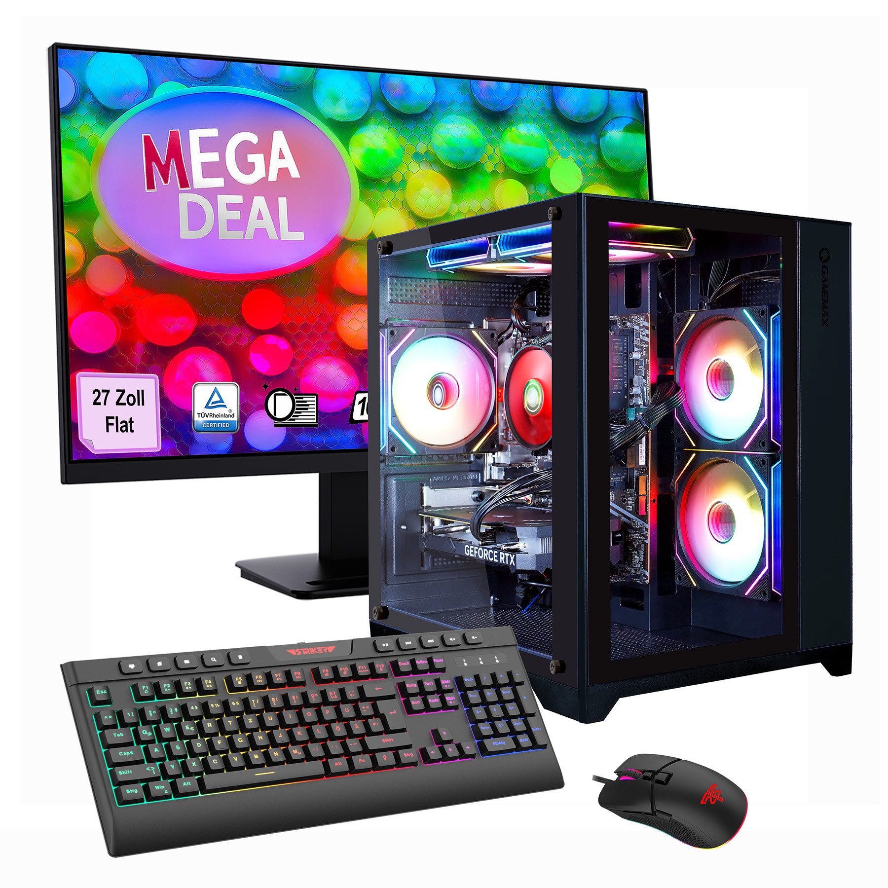 GAMEMAX MegaDeal Infinity Mini BK 2699 Ryzen 7 5700X RTX 5060Ti 16GB 1TB SSD Gaming-PC-Komplettsystem (27", AMD Ryzen 7 5700X, RTX 5060 Ti, 16 GB RAM, 1000 GB SSD, Windows 11 + MSI PRO MP273A Monitor, 69cm (27)