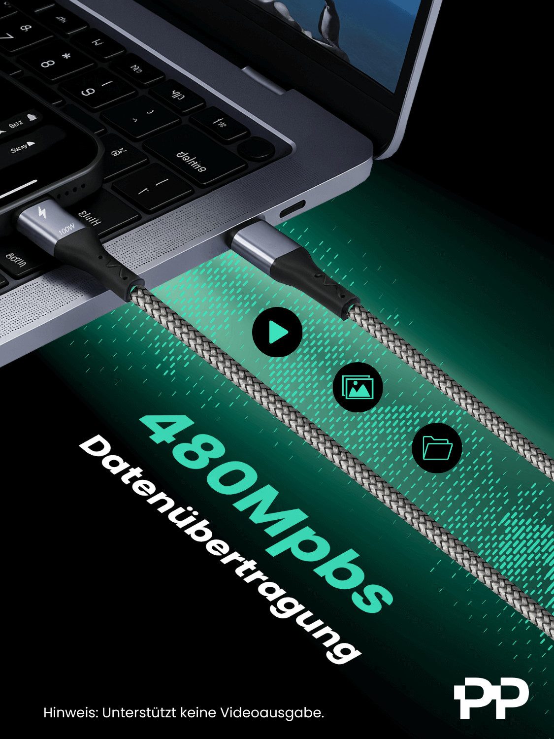 ProfiPatch ProfiPatch USB C Kabel 100W PD 3.0 5A E-Mark Chip 2m grau Goldkontakt USB-Kabel