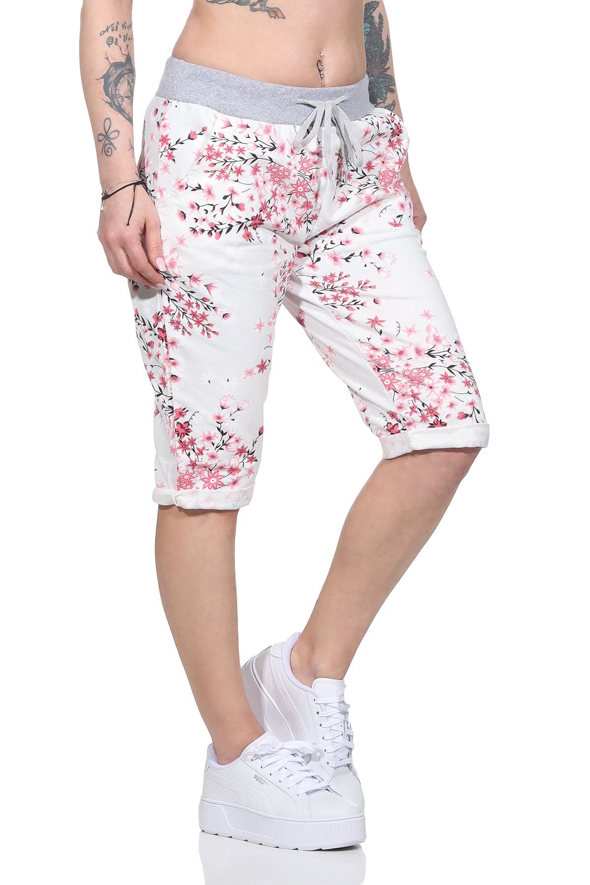 Aurela Damenmode Bermudas Kurze Damen Sommerhose leichte Bermuda Shorts gemustert mit elastischen Bund und Schnürung, auch in großen Größen