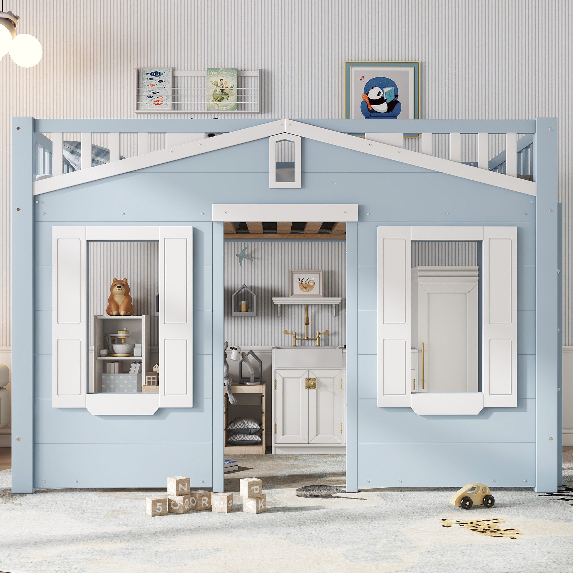 Odikalo Hochbett Kinderbett 90x200 mit Stauraum unter dem Bett (Hochbett, Kinderbett, Platz unter dem Bett für flexible Gestaltung, Schöne Fenstergestaltung, Sichere und stabile Leiter, Kiefer + MDF + Sperrholz, Blau, 90x200cm)