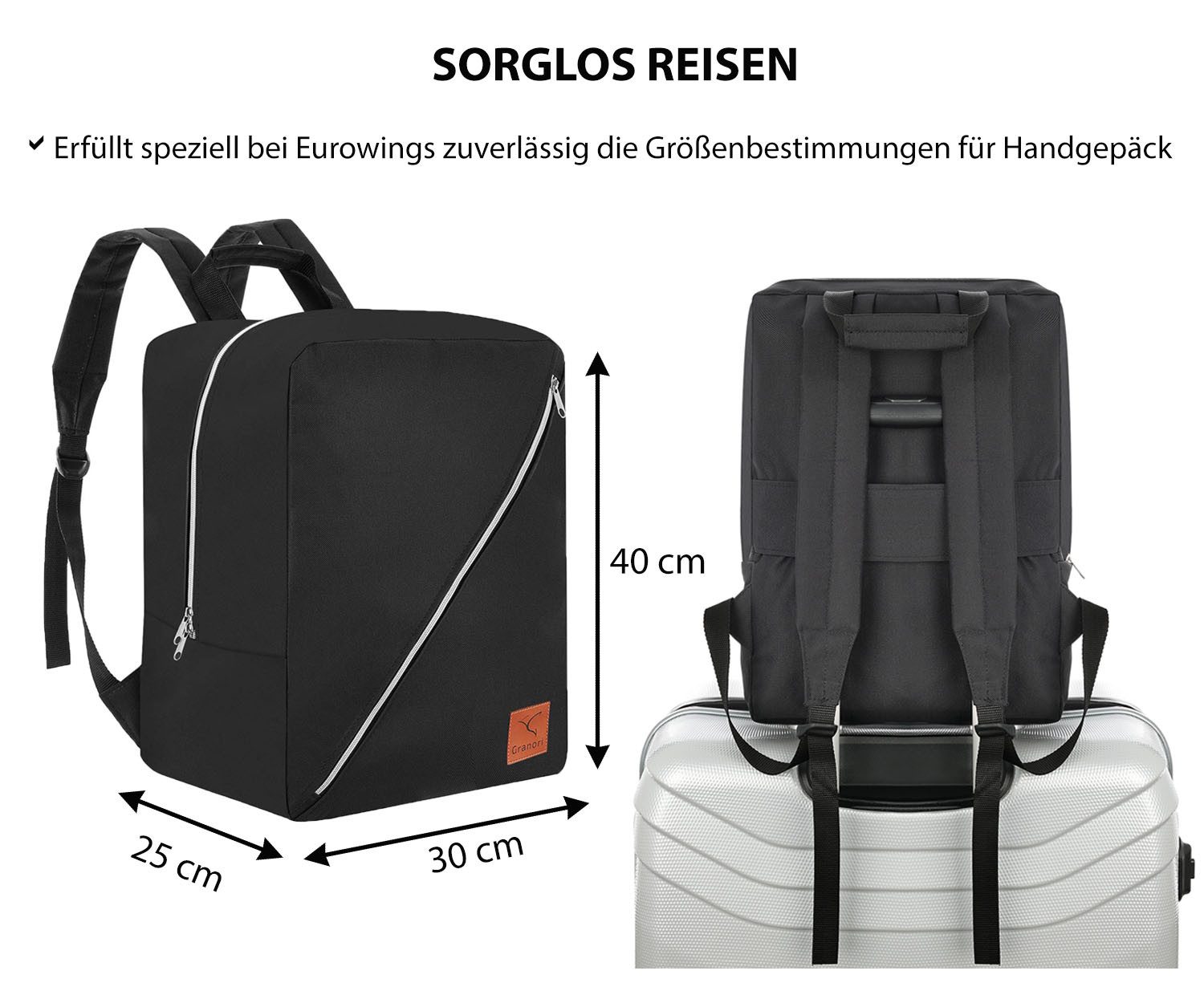 Granori Rucksack 40x30x25 cm "Minimalist" Handgepäck für Flug mit z. B. Eurowings, besonders leicht & max. Stauraum (30 L Volumen)