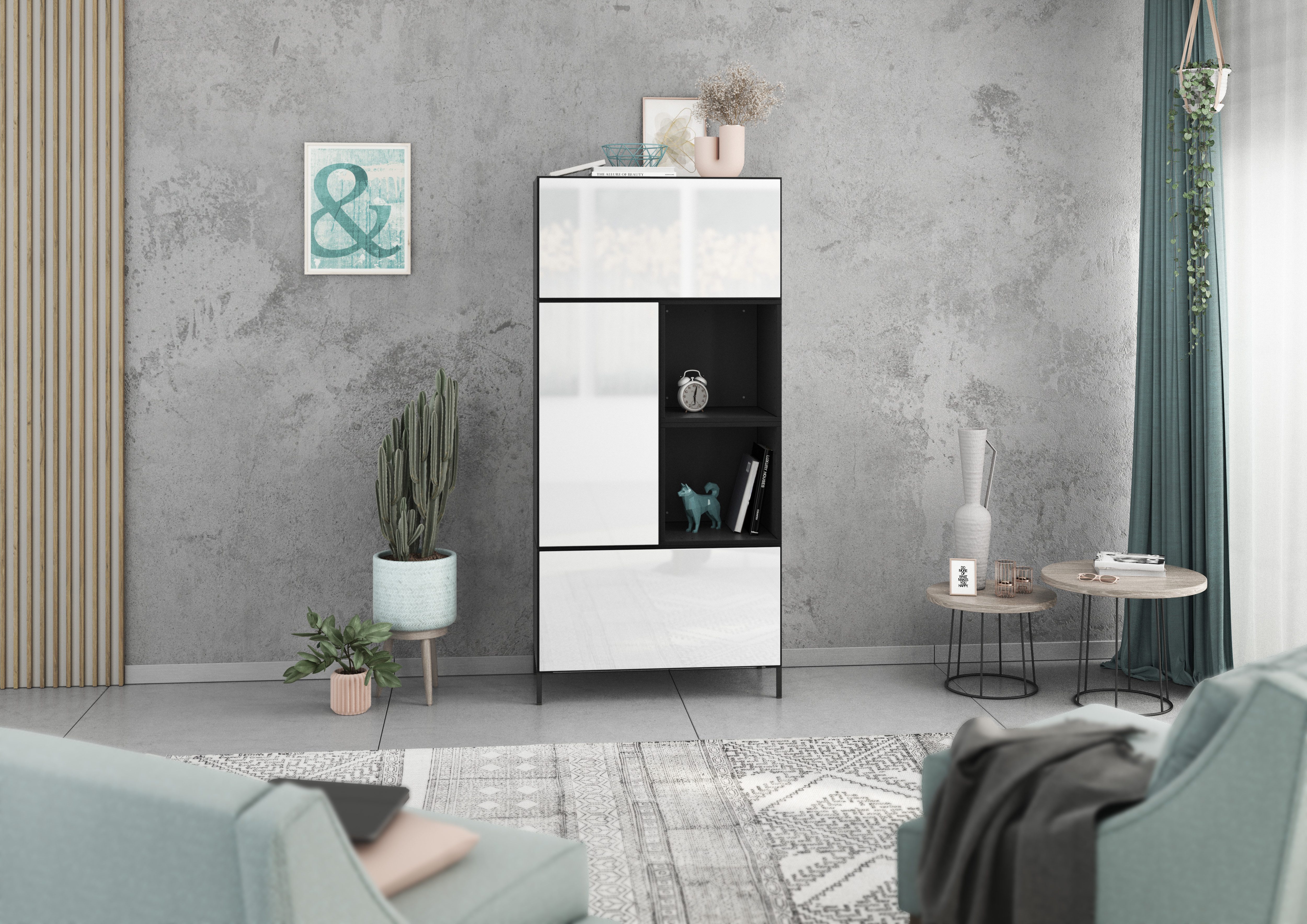 BMG Меблі Stauraumvitrine Modul+ (5 teiliges Highboard Set bestehend aus, 2x Schrank mit Klappenfunktion, 1 x Schrank mit Tür, 2x offenes Regal) Шафи und Regale können einzeln oder als Set montiert werden