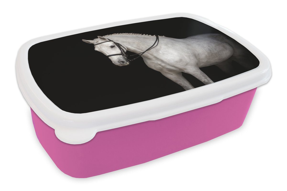 MuchoWow Lunchbox Pferd - Weiß - Schwarz, Kunststoff, (2-tlg), Brotbox für Erwachsene, Brotdose Kinder, Snackbox, Mädchen, Kunststoff rosa