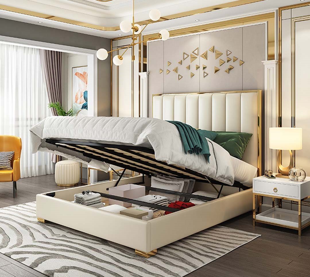 Textil Schlafzimmer Betten Bett, Doppel Polster Leder Klassisches JVmoebel Weiß Bett