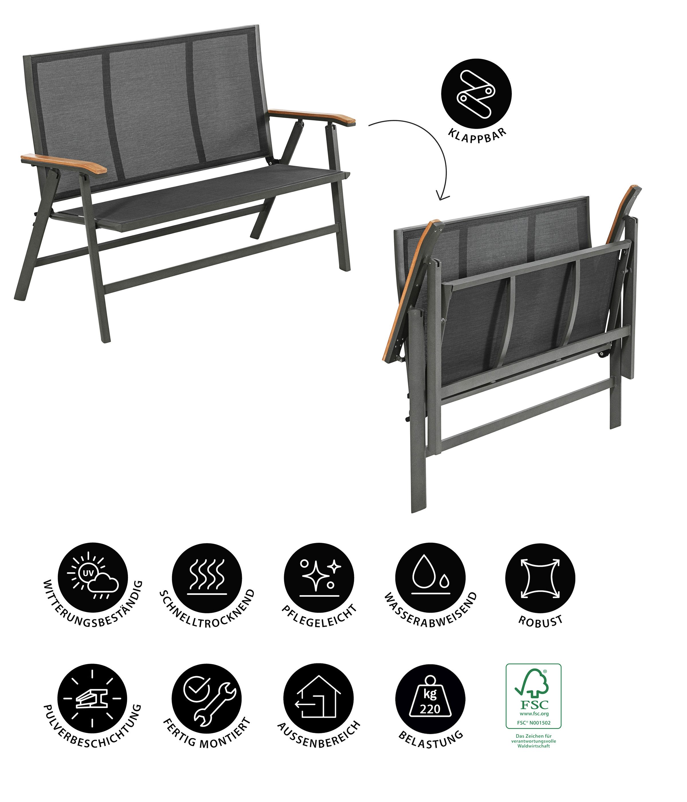 Dehner Gartenbank Klappbank Colmar, 2-Sitzer, 127 x 99 x 61.5 cm, Schöne, klappbare Gartenbank aus hochwertigen Materialien gefertigt
