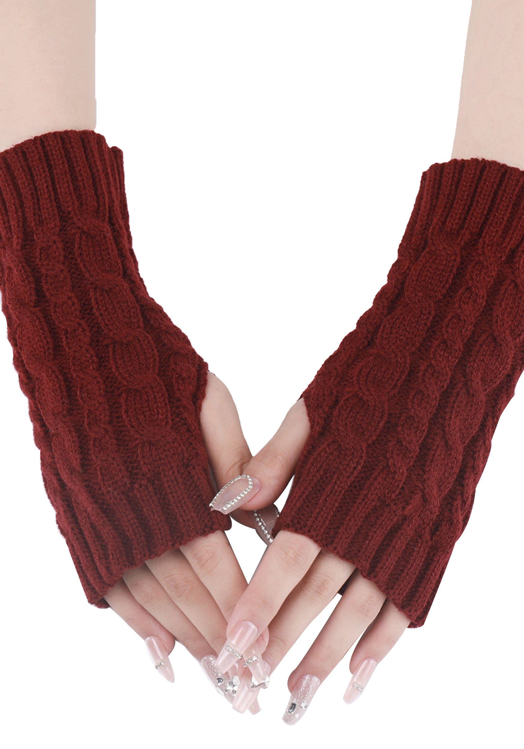 MAGICSHE Strickhandschuhe 2 Paar Gestrickte Jacquard Fingerlose Handschuhe Burgund