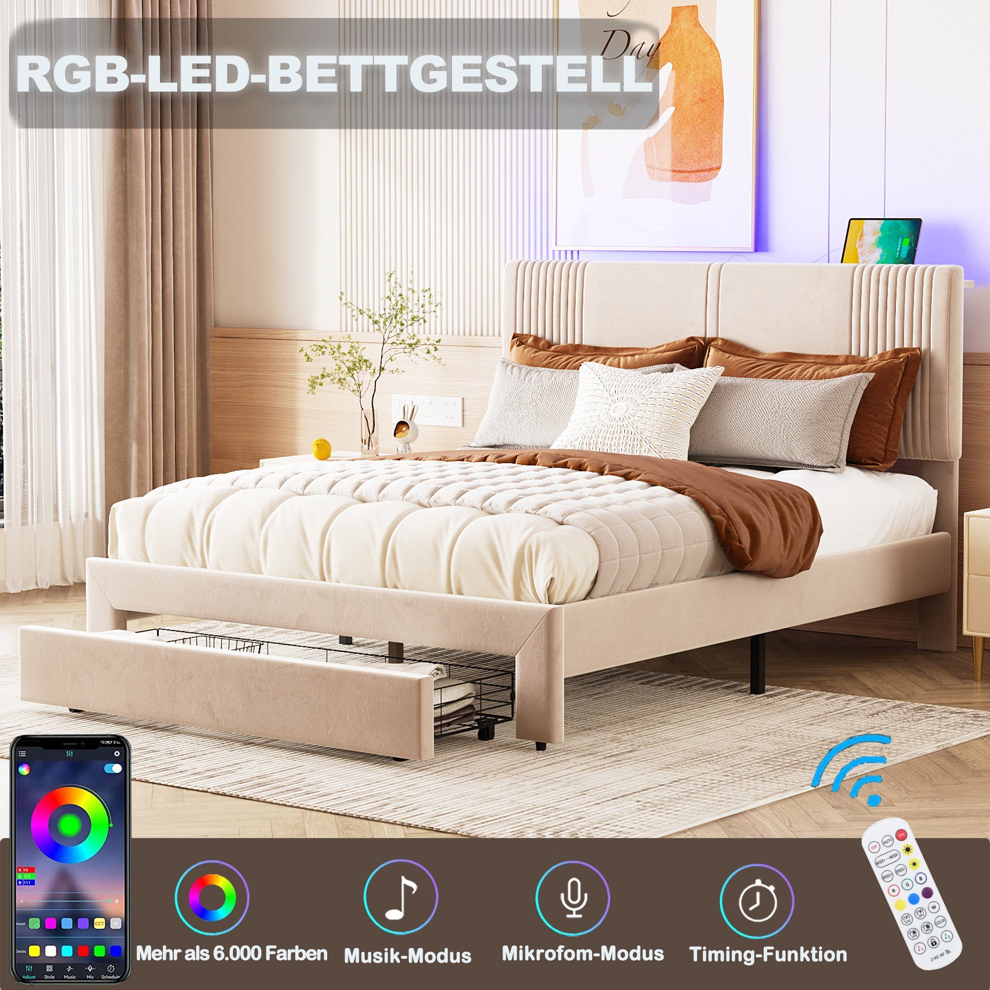 OKWISH Polsterbett mit Lichtleiste und USB-Buchse, günstig online kaufen