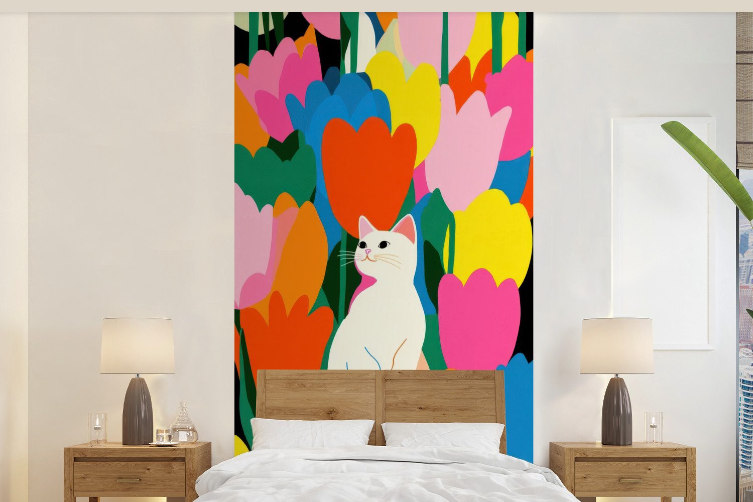 MuchoWow Fototapete Tulpen - Katze - Farbenfroh, Matt, bedruckt, Vliestapete für Wohnzimmer Schlafzimmer Küche, Fototapete, 120x240 cm