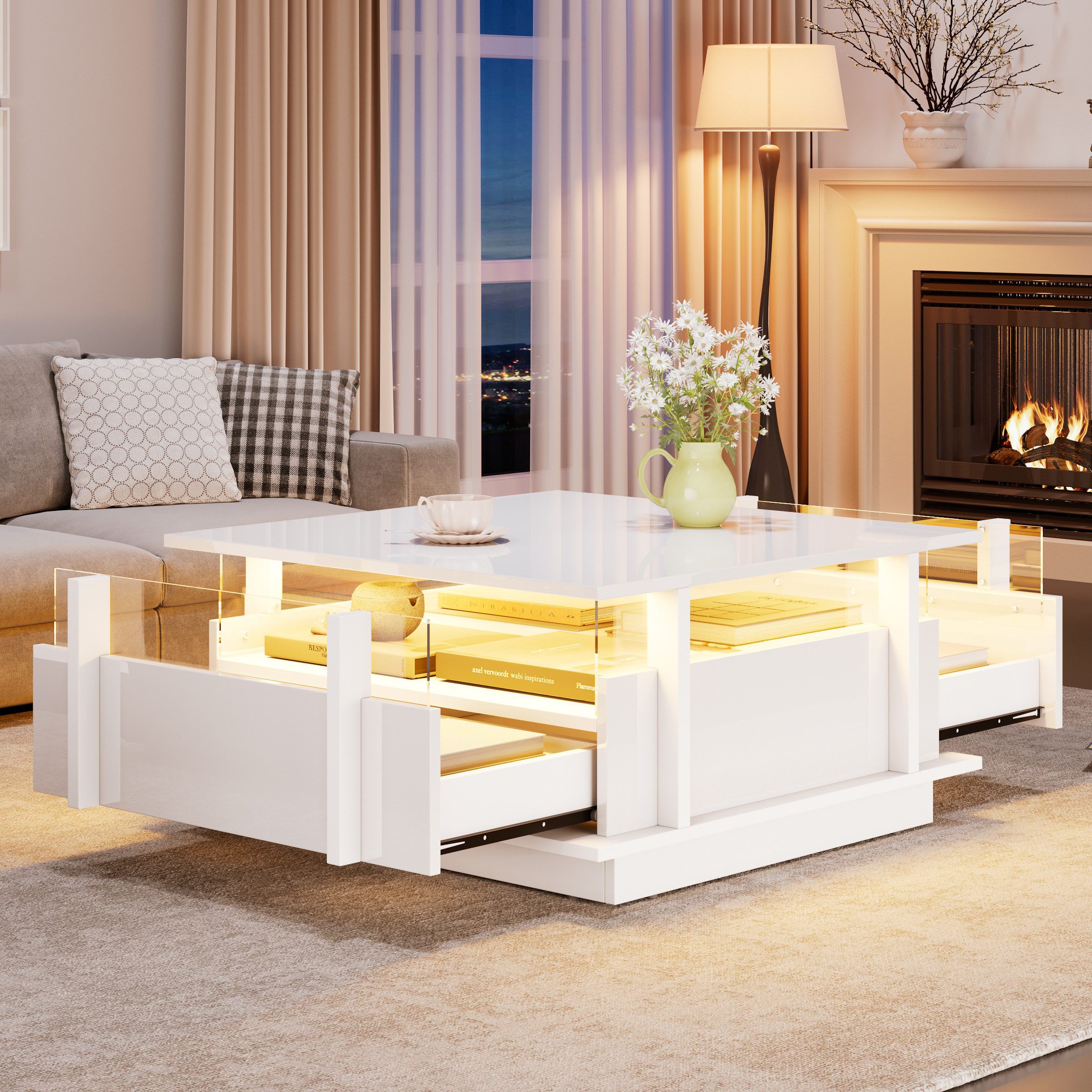Merax Couchtisch hochglanz Sofatisch Beistelltisch mit LED-Beleuchtung (70×70×35cm, 1-St), Wohnzimmertisch mit 2 Schubladen & Transparente Acryl-Trennwand