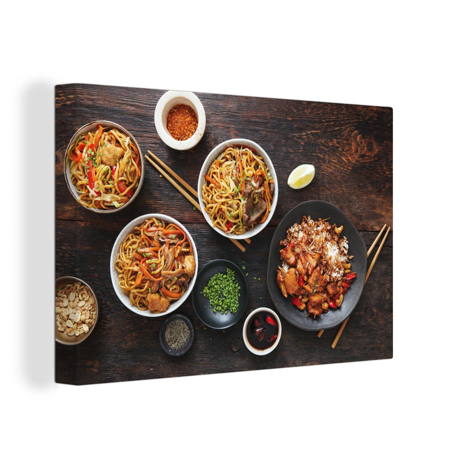OneMillionCanvasses® Leinwandbild Eine Luftaufnahme von mehreren Schüsseln mit Lebensmitteln, (1 St), Wandbild Leinwandbilder, Aufhängefertig, Wanddeko, 30x20 cm