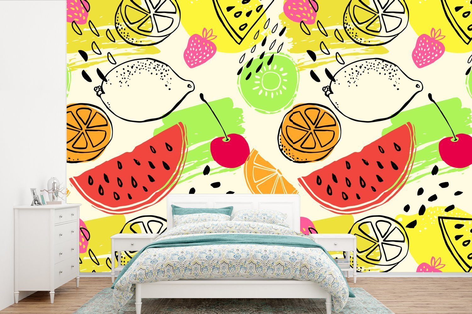 MuchoWow Fototapete Obst - Farben - Gelb - Grün, Matt, bedruckt, (6 St), Wallpaper für Wohnzimmer, Schlafzimmer, Kinderzimmer, Vinyl Tapete | Fototapeten