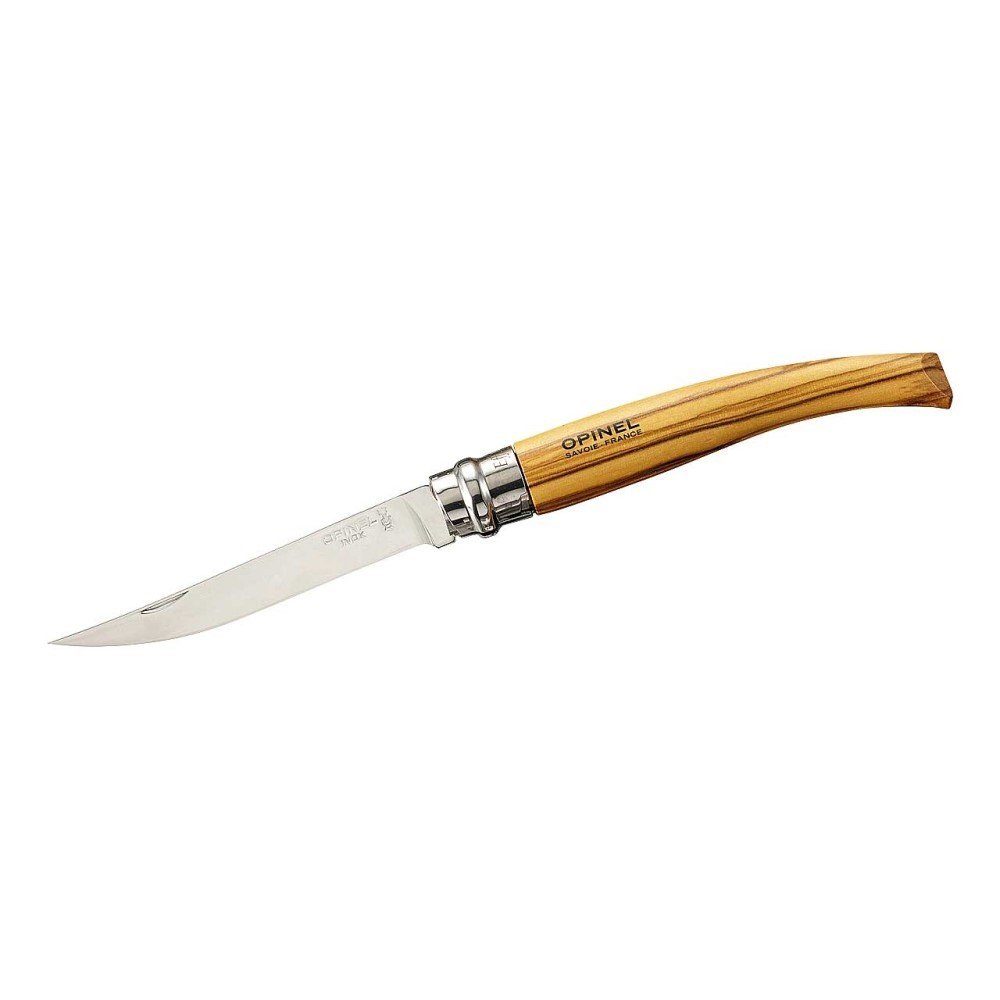 Opinel Taschenmesser Opinel Taschenmesser No 10, Slim-Line, rostfrei, Olive, mit Etui, (schlankes Design ideal für Outdoor, Camping, Wandern), Edler Griff aus Olivenholz • 10 cm rostfreie Edelstahlklinge